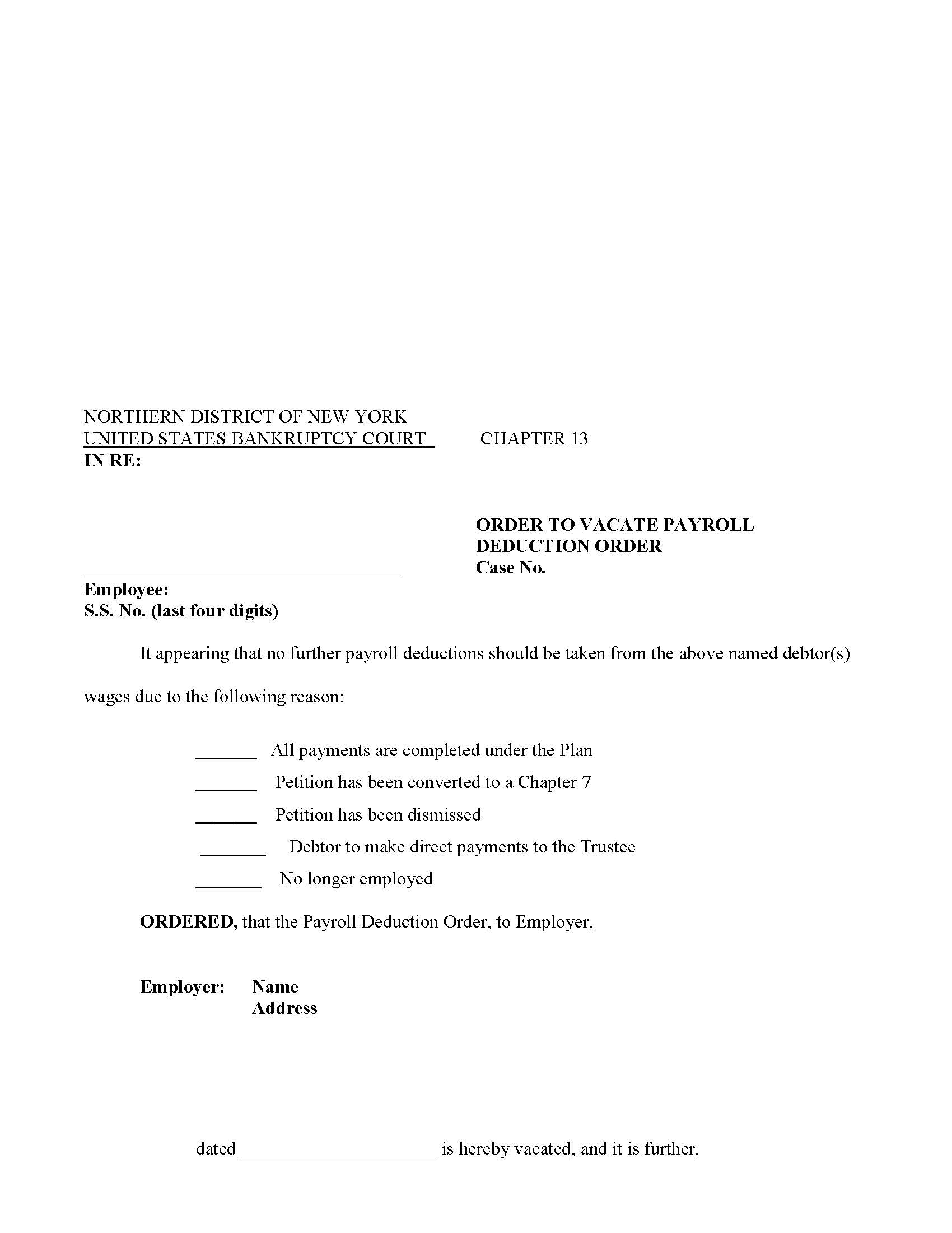 Order To Vacate Payroll Deduction Order (NYNB OVPDO} | Pdf Fpdf Docx | New York