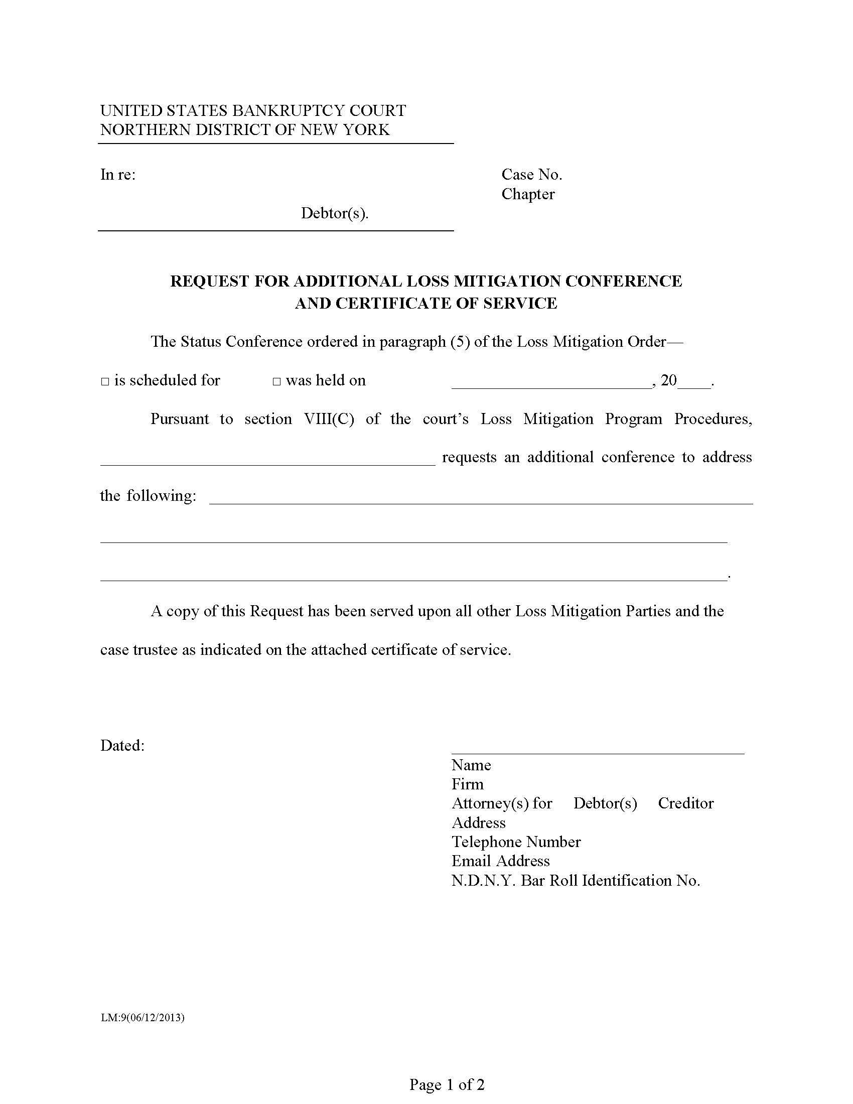 Request For Additional Loss Mitigation Conference And Certificate Of Service {LM-09} | Pdf Fpdf Docx | New York