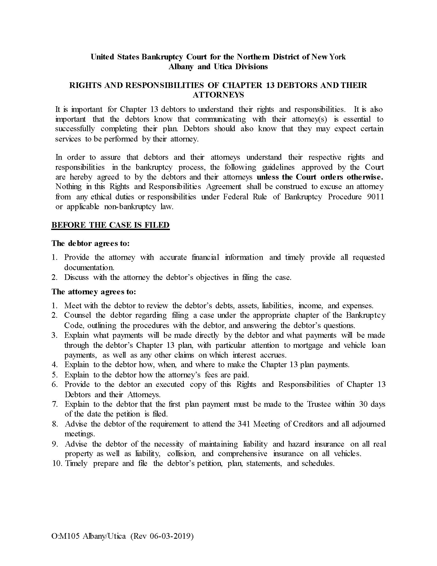 Rights And Responsibilities Of Chapter 13 Debtors And Their Attorneys {NYNB OM105} | Pdf Fpdf Doc Docx | New York