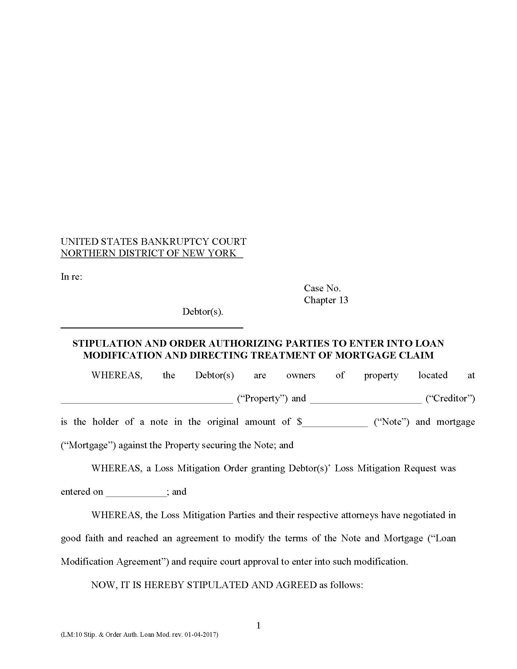 Stipulation And Order Authorizing Loan Modification Directing Treatment Of Morgage Claim {LM-10} | Pdf Fpdf Docx | New York