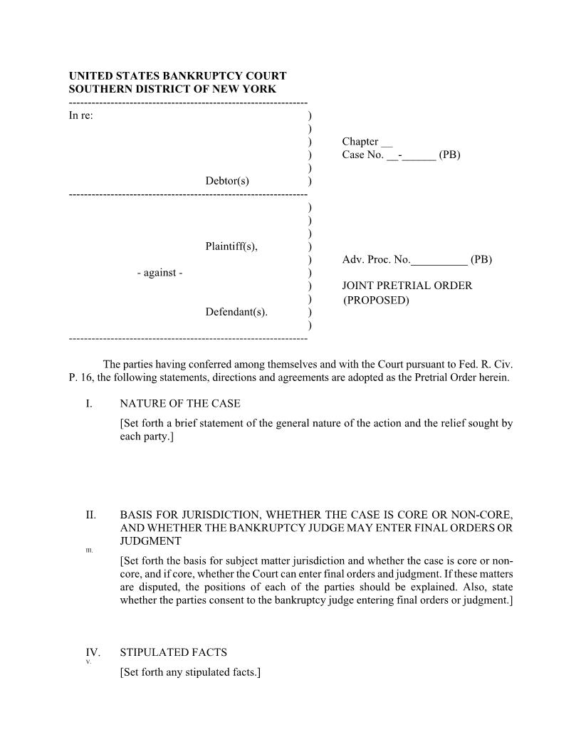 (Proposed) Joint Pretrial Order (Judge Bentley {NYSB JPTO-PB} | Pdf Fpdf Docx | New York