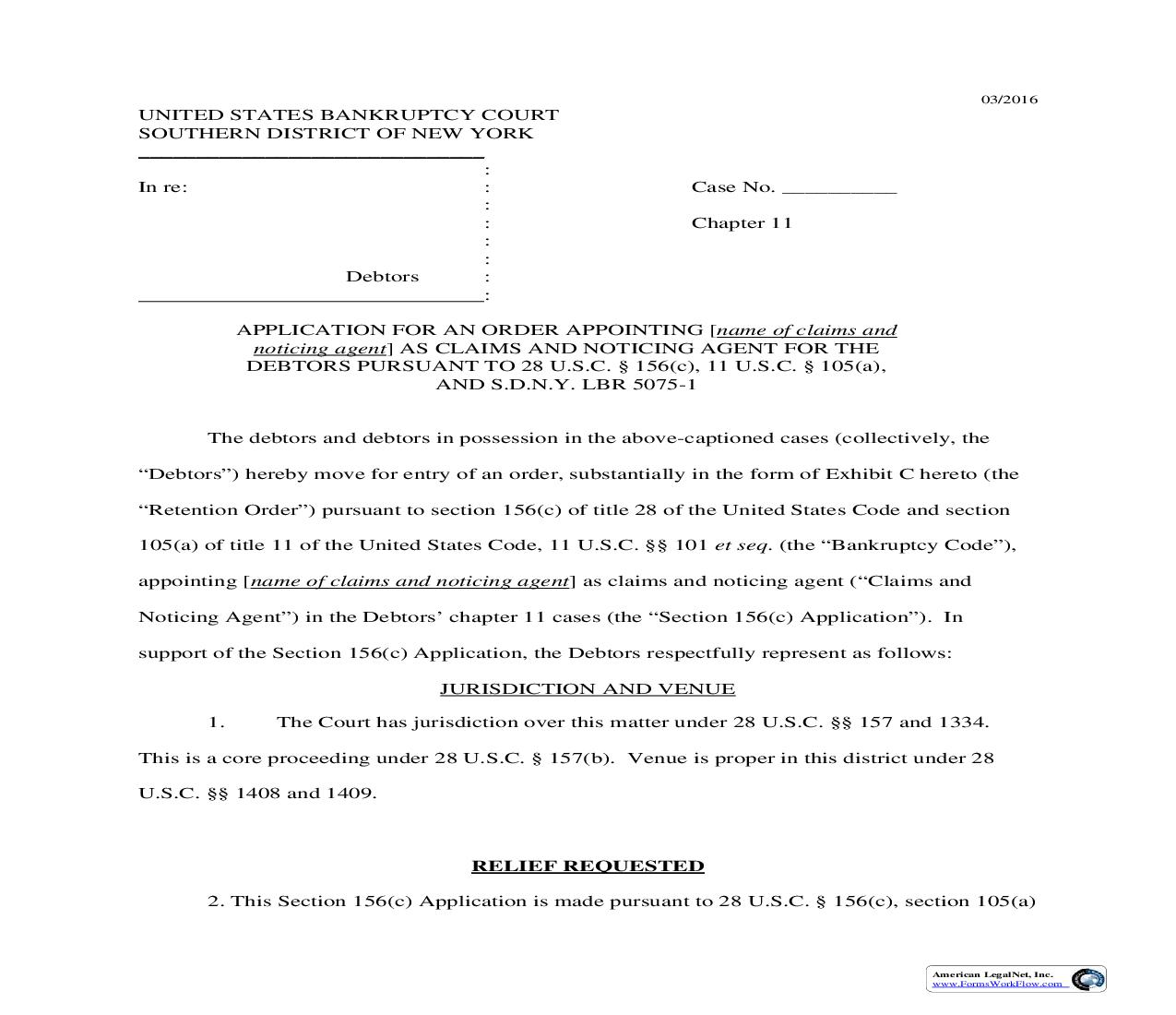 Application For An Order Appointing Claims And Noticing Agent For The Debtors | Pdf Fpdf Doc Docx | New York