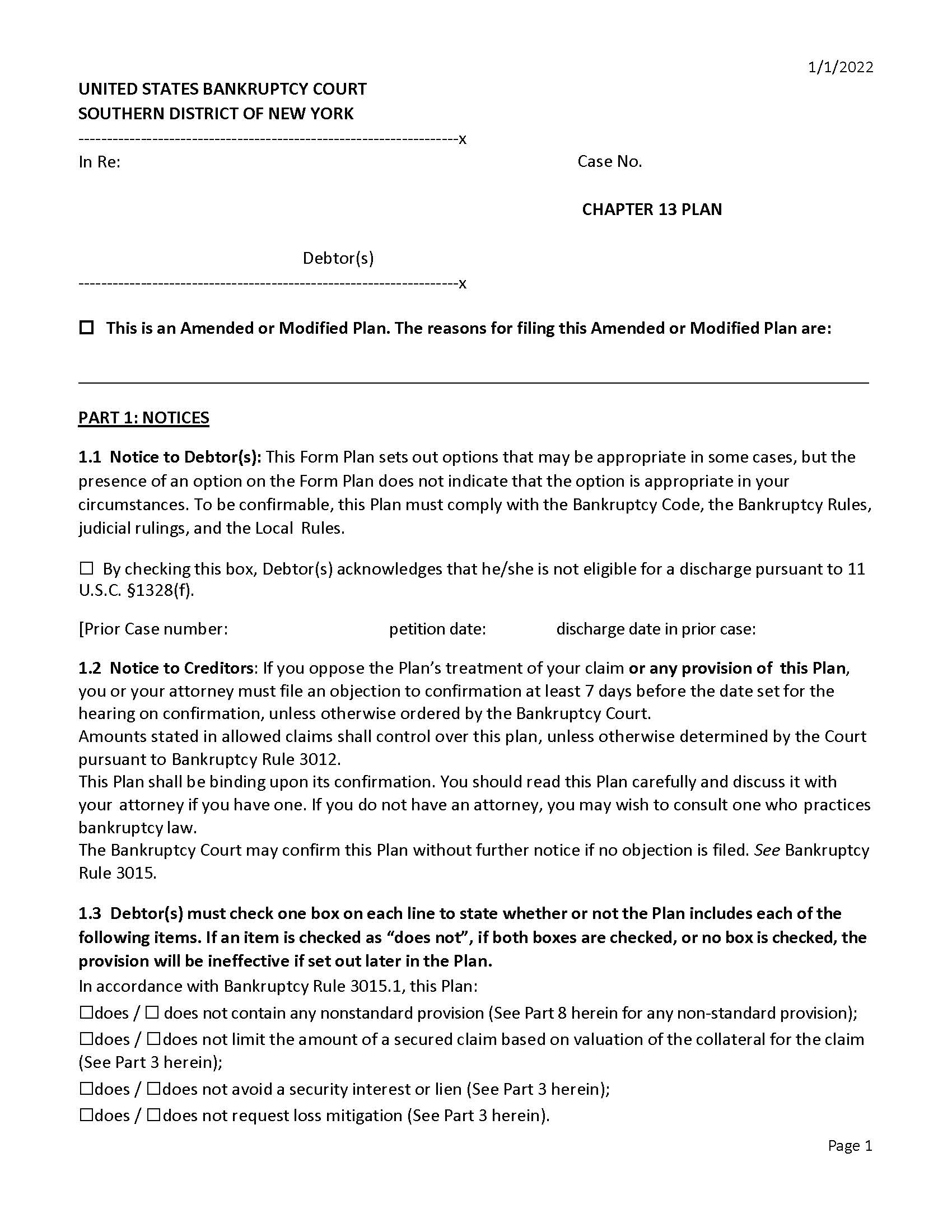 Chapter 13 Plan {NYSB Ch13P} | Pdf Fpdf Docx | New York