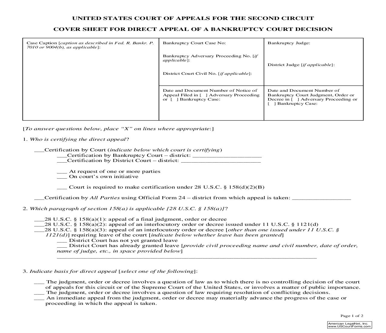 Cover Sheet For Direct Appeal Of A Bankruptcy Court Decision | Pdf Fpdf Doc Docx | New York