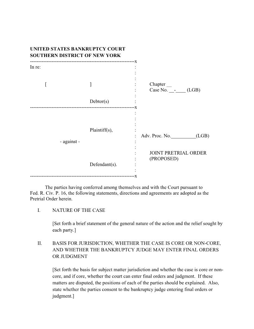 Joint Pre-Trial Order (Proposed - Judge Beckerman) {NYSB JPTOLGB} | Pdf Fpdf Docx | New York