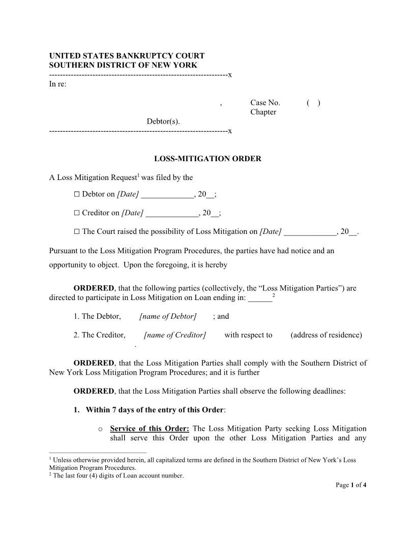 Loss Mitigation Order {NYSB LMO} | Pdf Fpdf Docx | New York