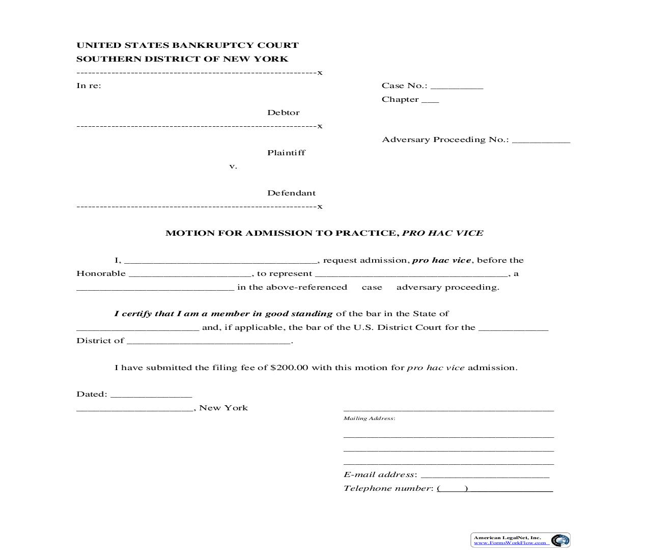 Motion For Admission To Practice Pro Hac Vice | Pdf Fpdf Doc Docx | New York