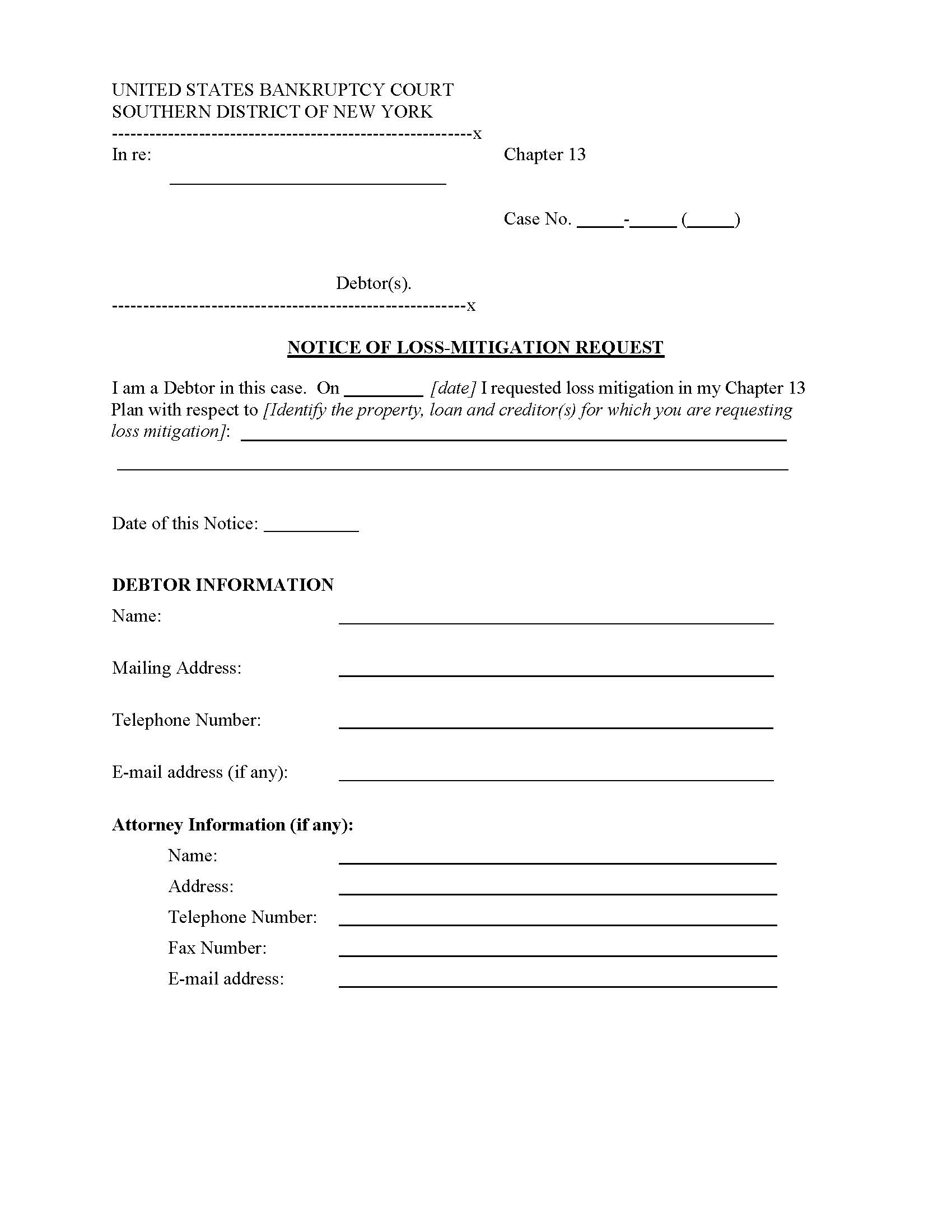 Notice Of Loss-Mitigation Request (From Debtor) {NYSB NLMR-D} | Pdf Fpdf Docx | New York