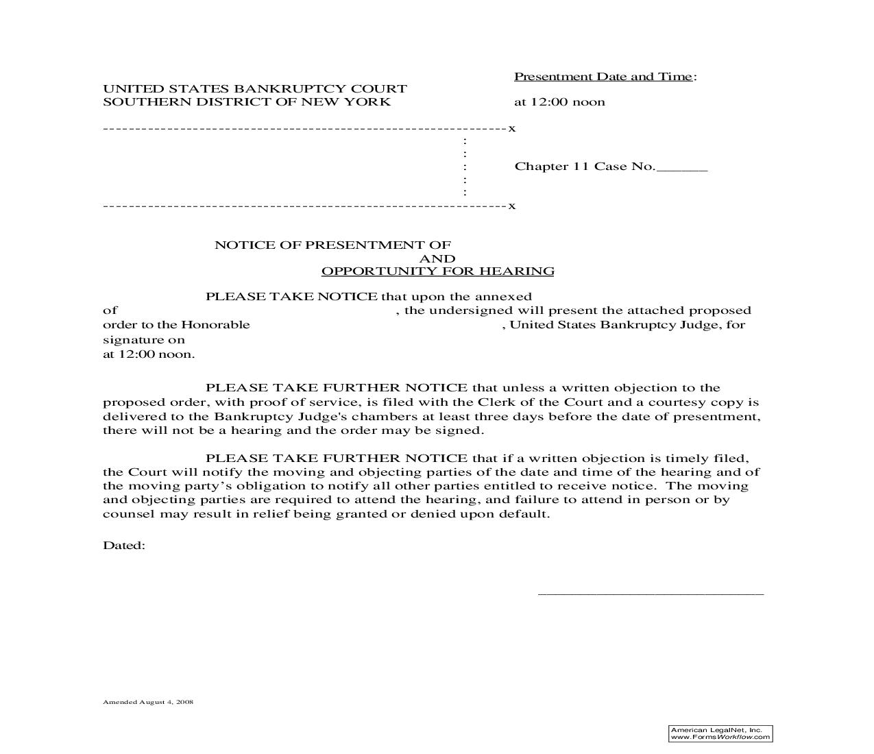 Notice Of Presentment And Opportunity For Hearing | Pdf Fpdf Doc Docx | New York