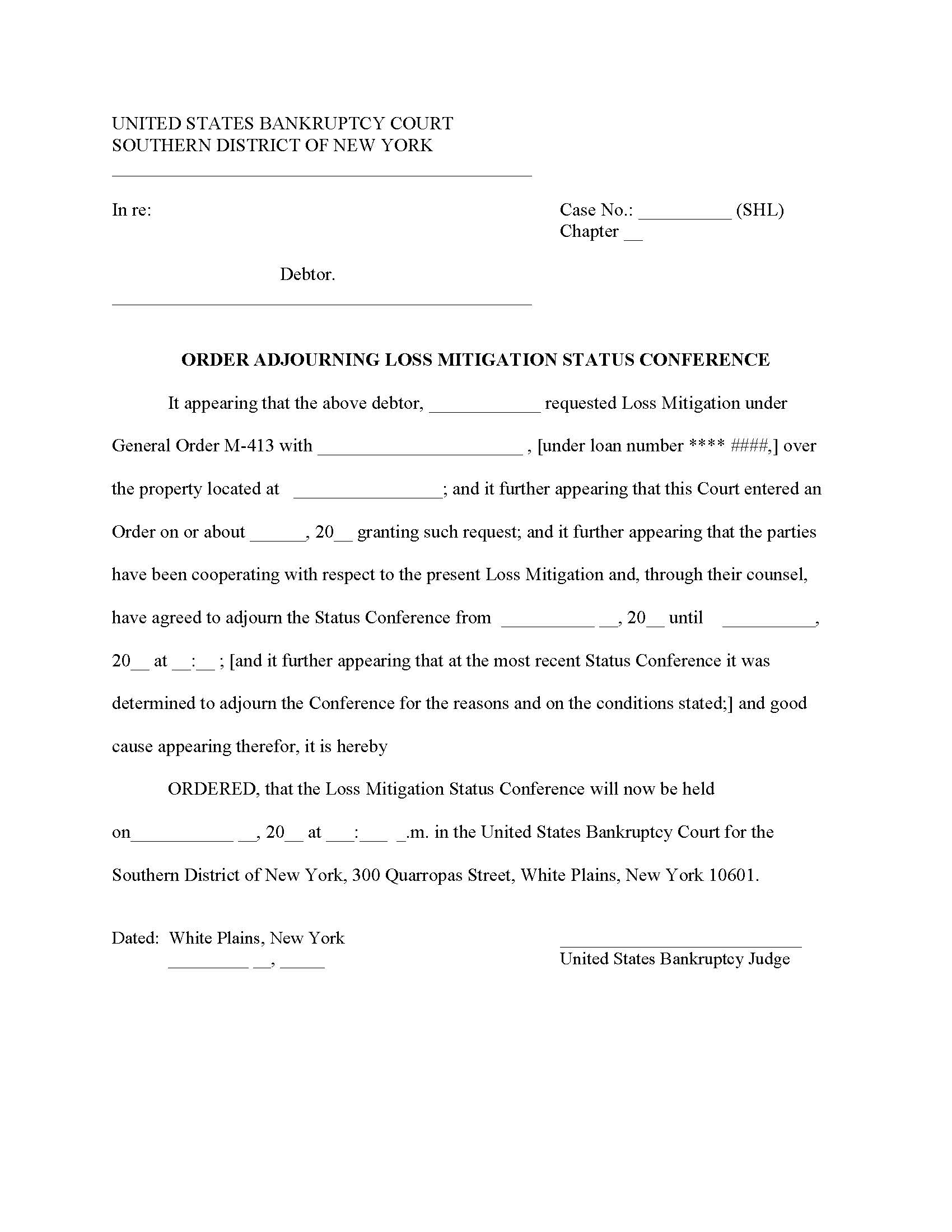 Order Adjourning Loss Mitigation Status Conference (Judge Lane) {NYSB OALMSC-SHL} | Pdf Fpdf Docx | New York