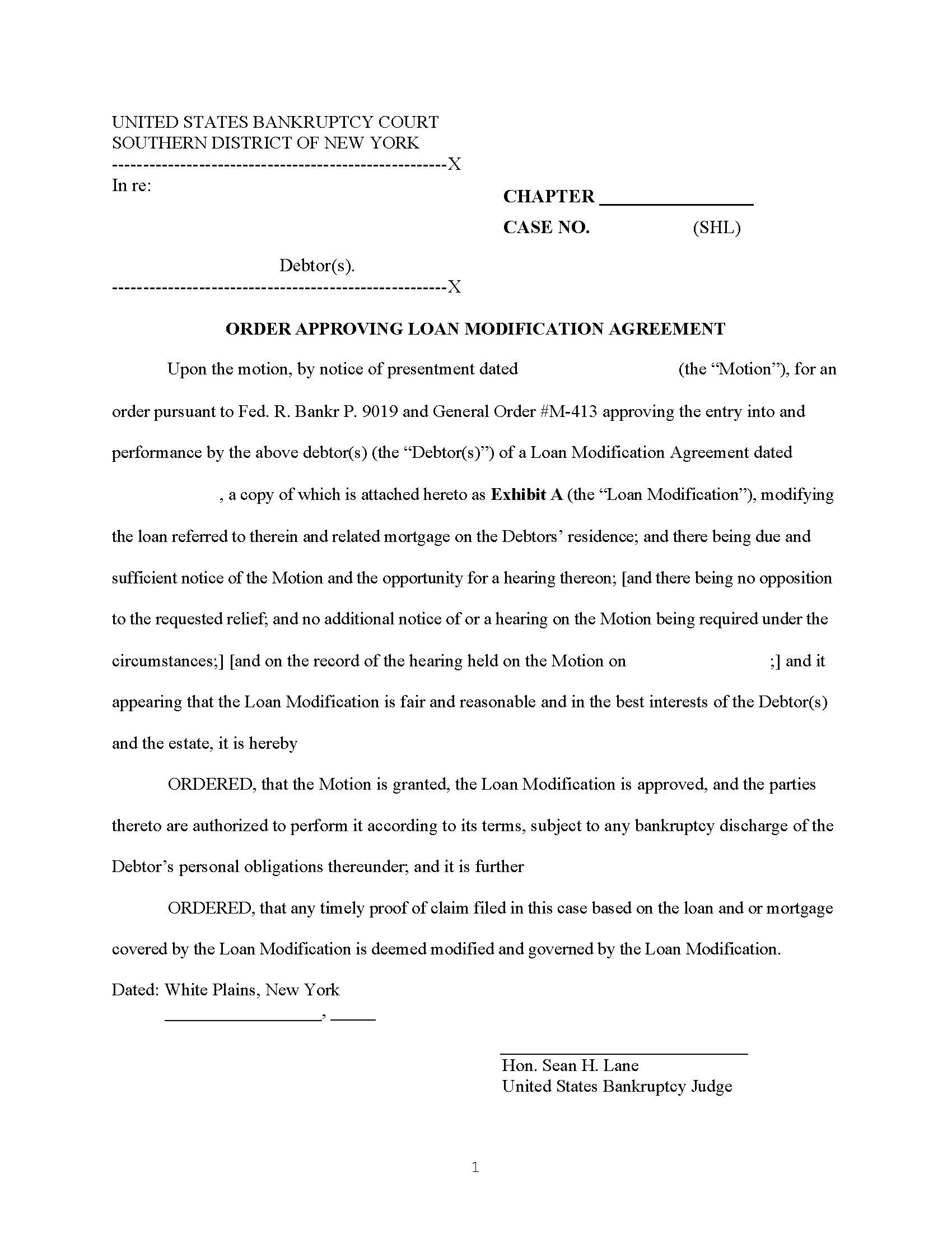 Order Approving Loan Modification Agreement (Judge Lane) {NYSB OALM-SHL} | Pdf Fpdf Docx | New York