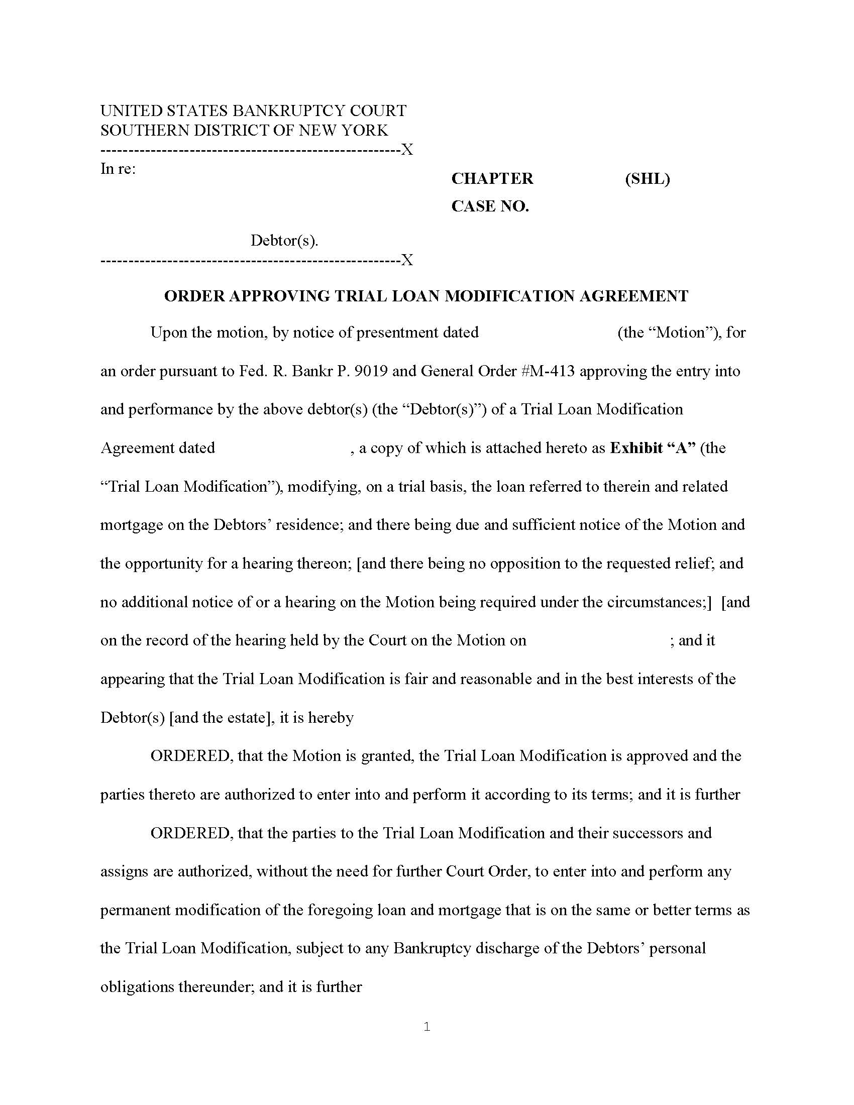 Order Approving Trial Loan Modification Agreement (Judge Lane) {NYSB OATLM-SHL} | Pdf Fpdf Docx | New York