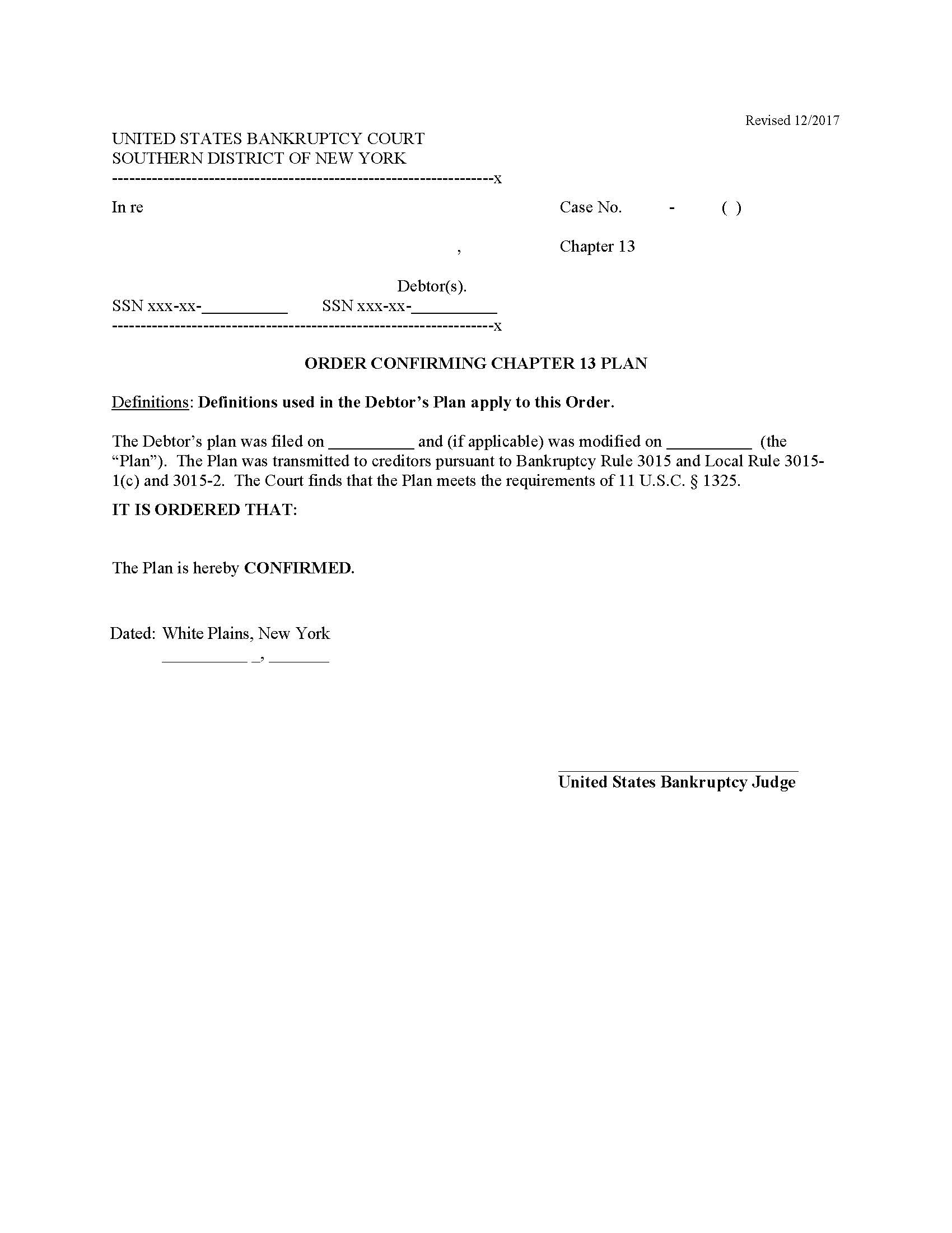 Order Confirming Chapter 13 Plan {NYSB OCch13P} | Pdf Fpdf Docx | New York