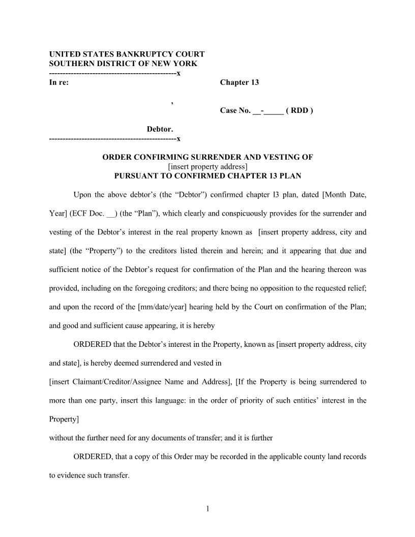 Order Confirming Surrender And Vesting Of Property (Chapter 13) {NYSB OCSV13-WP} | Pdf Fpdf Docx | New York