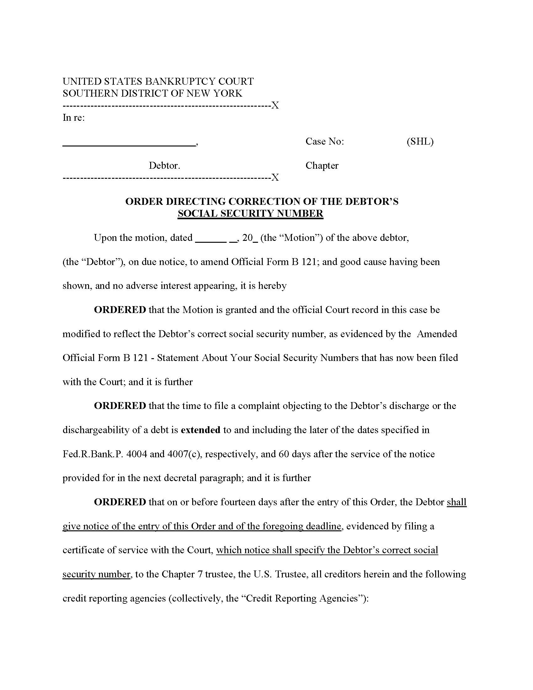 Order Directing Correction Of Debtors Social Security Number (Judge Lane) {NYSB ODCSSN-SHL} | Pdf Fpdf Docx | New York
