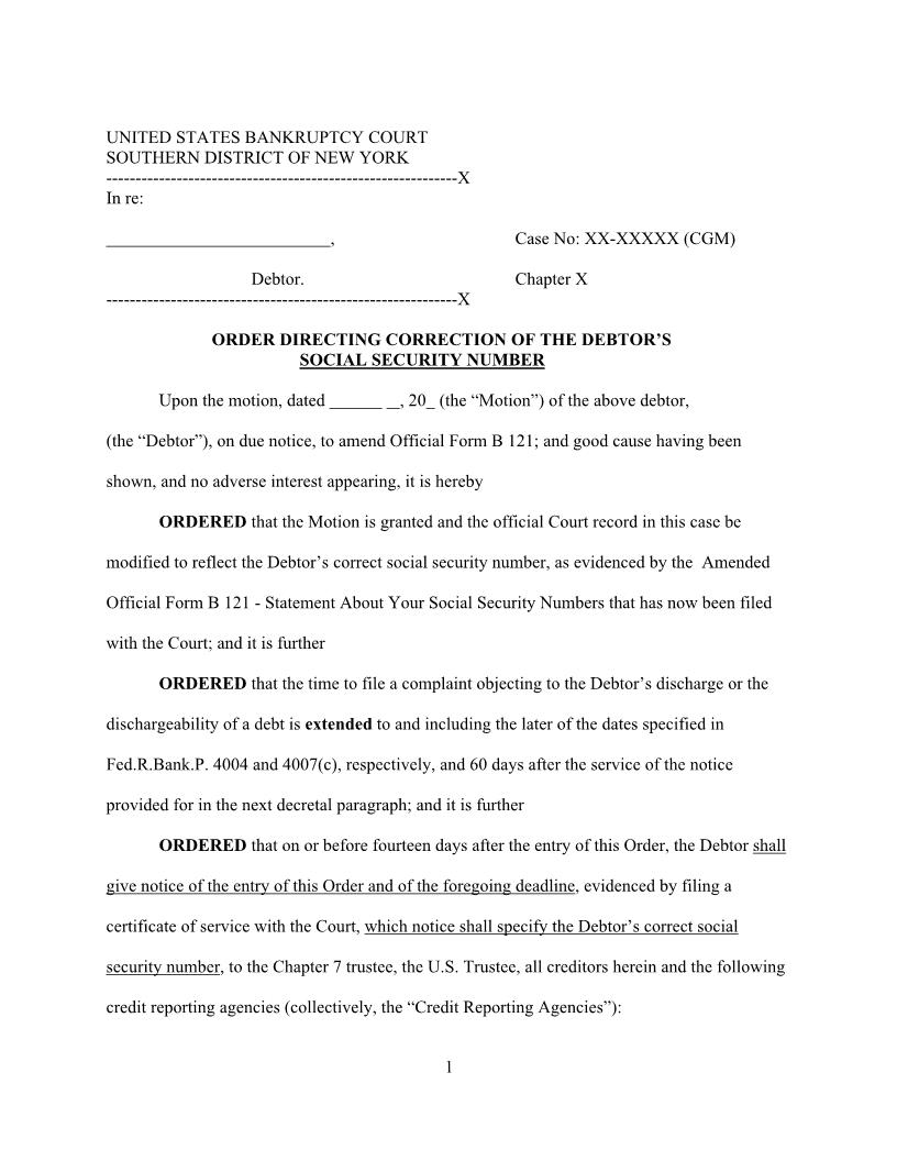 Order Directing Correction Of Debtors Social Security Number (Judge Morris) {NYSB ODCSSN-CGM} | Pdf Fpdf Docx | New York