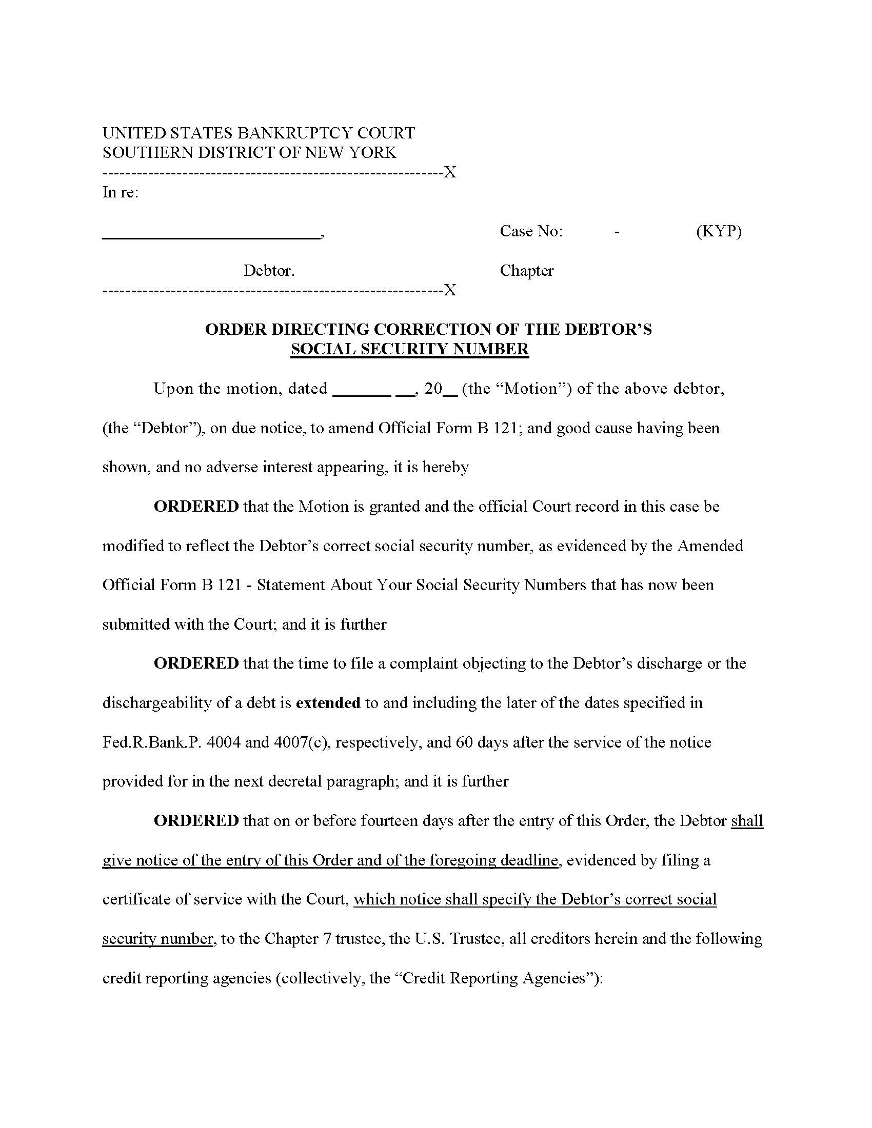 Order Directing Correction Of Debtors Social Security Number (Judge Paek) | Pdf Fpdf Docx | New York