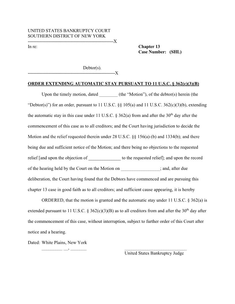 Order Extending Automatic Stay 11 USC Section 362(c)(3)(B) (Judge Lane) | Pdf Fpdf Docx | New York