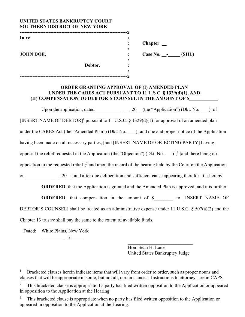 Order Granting Approval Amended Plan Under CARES Act (Judge Lane) {NYSB OGAAPCASHL} | Pdf Fpdf Docx | New York