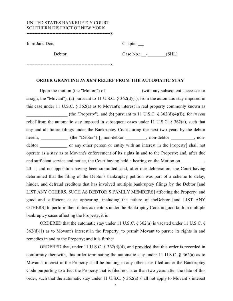 Order Granting In Rem Relief From Automatic Stay (Judge Lane) | Pdf Fpdf Docx | New York