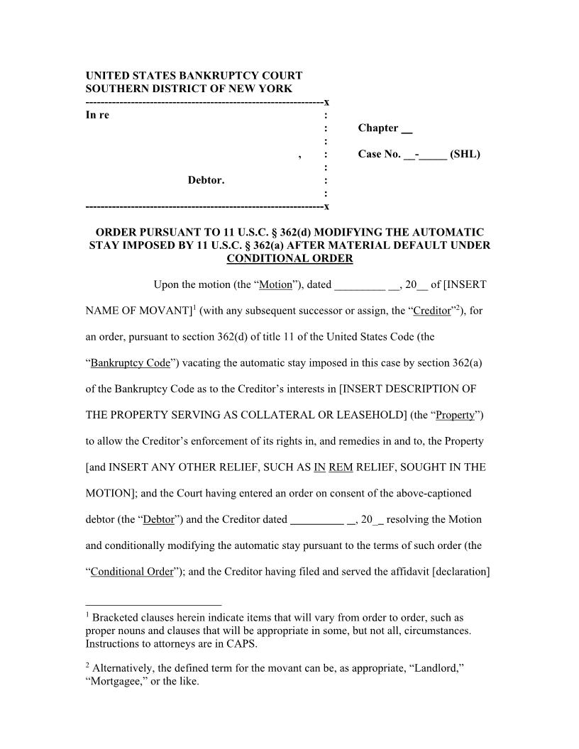 Order Modifying Automatic Stay After Material Default Under Conditional Order (Judge Lane) | Pdf Fpdf Docx | New York
