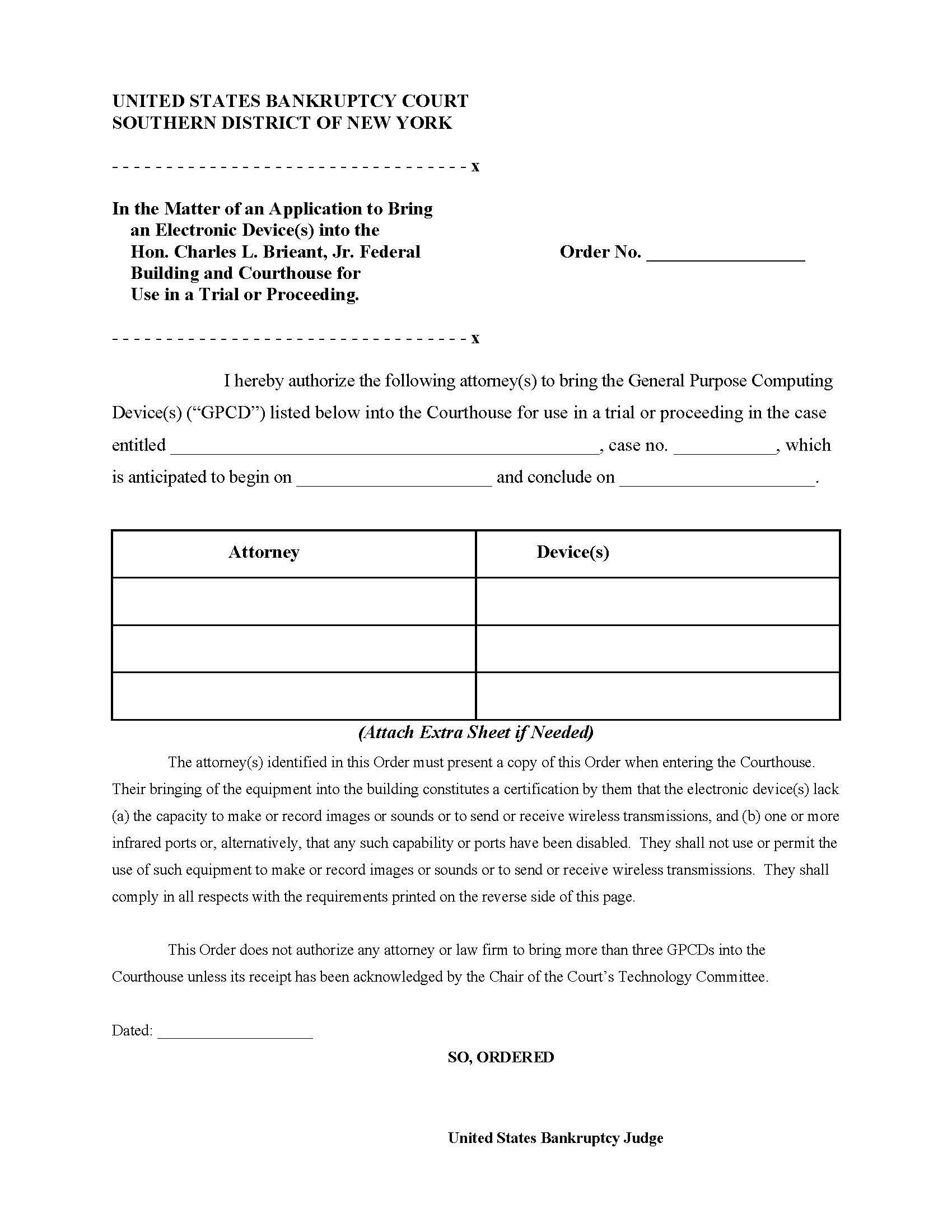 Order On Application To Bring Electronic Devices To Court For Trial Or Proceeding | Pdf Fpdf Docx | New York
