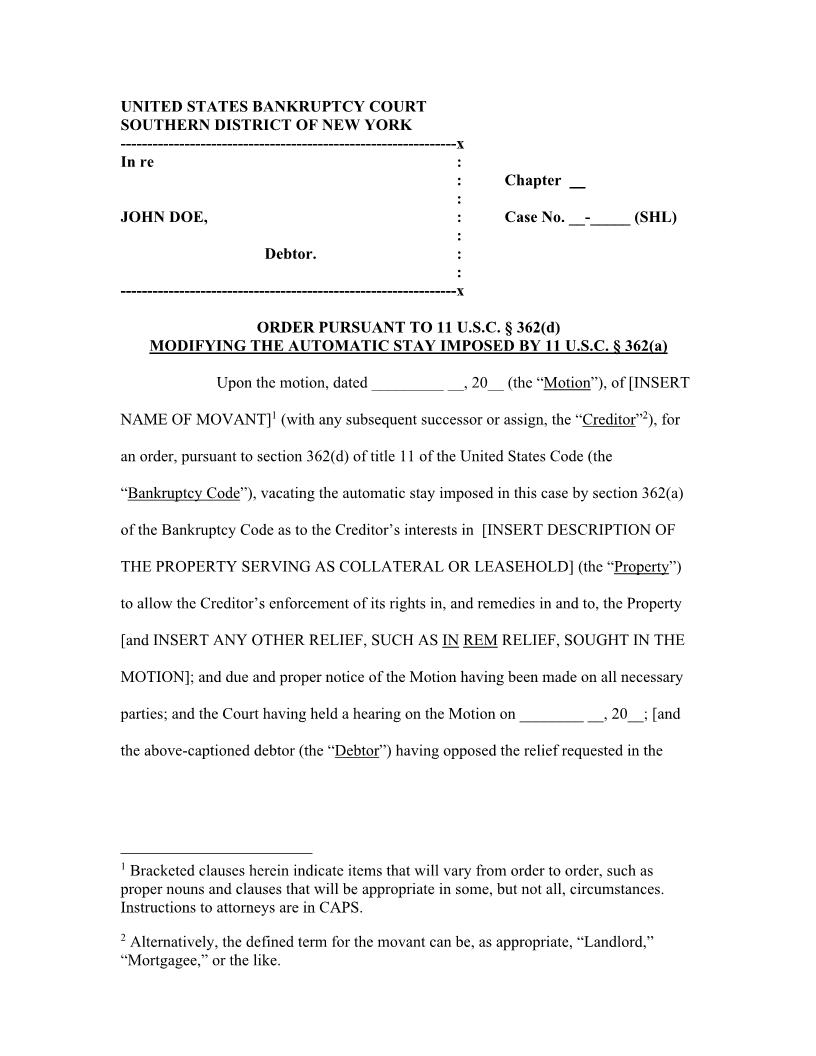 Order Pursuant To 11 USC 362(d) Modifying Automatic Stay (Judge Lane) | Pdf Fpdf Docx | New York