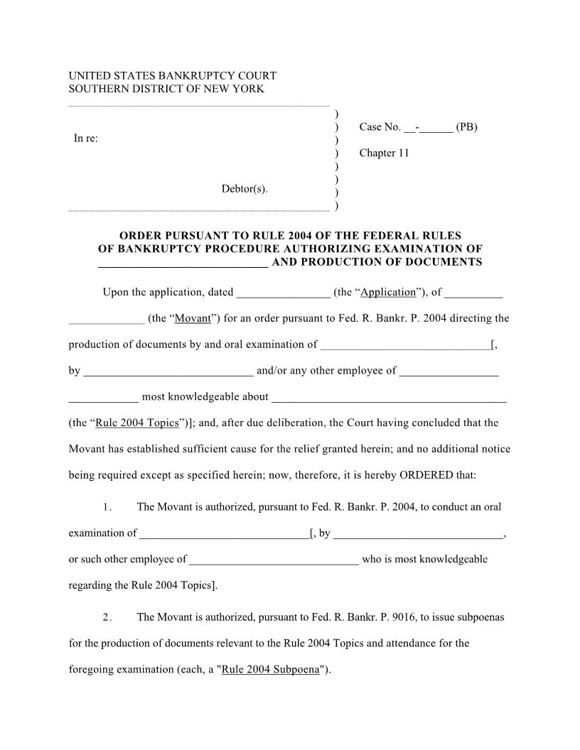 Order Pursuant To Rule 2004 FRBP (Discovery) (Judge Bentley) {NYSB OPR2004-PB} | Pdf Fpdf Docx | New York