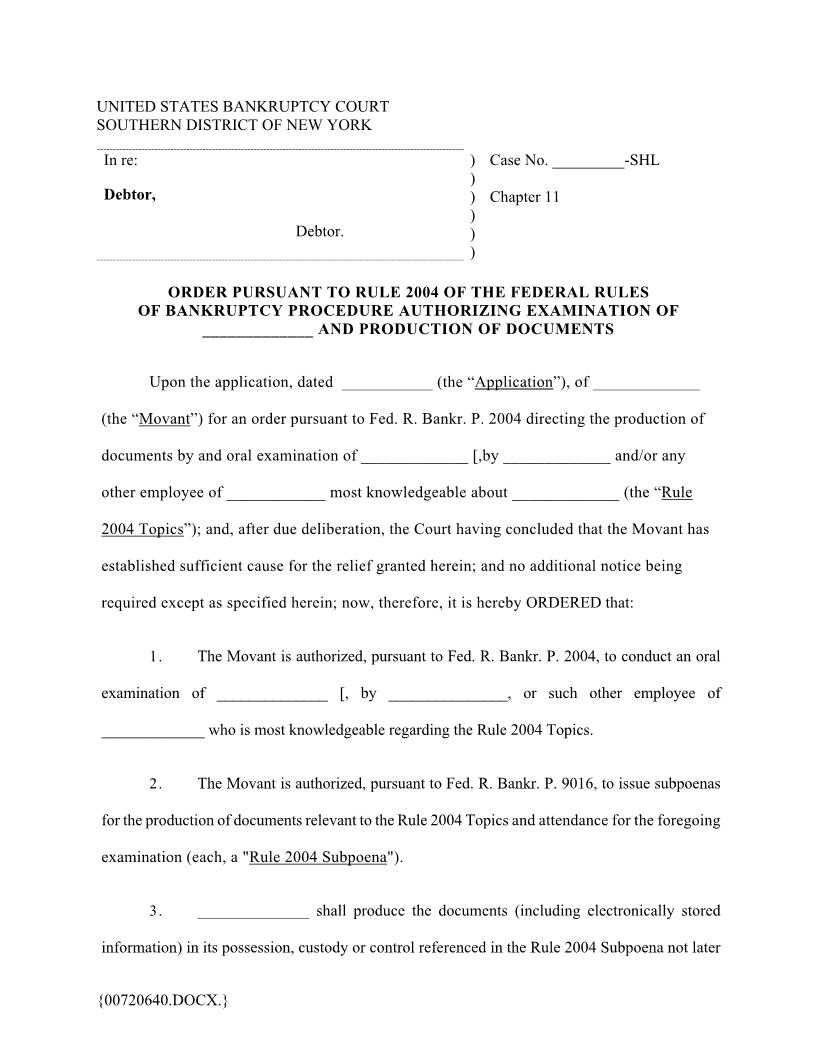 Order Rule 2004 FRBP Examination Production Of Documents (Judge Lane) | Pdf Fpdf Docx | New York