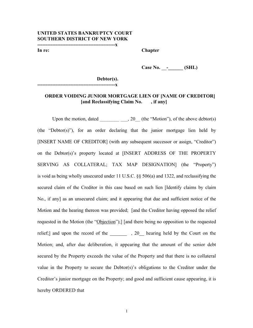 Order Voiding Junior Mortgage Lien (Judge Lane) | Pdf Fpdf Docx | New York