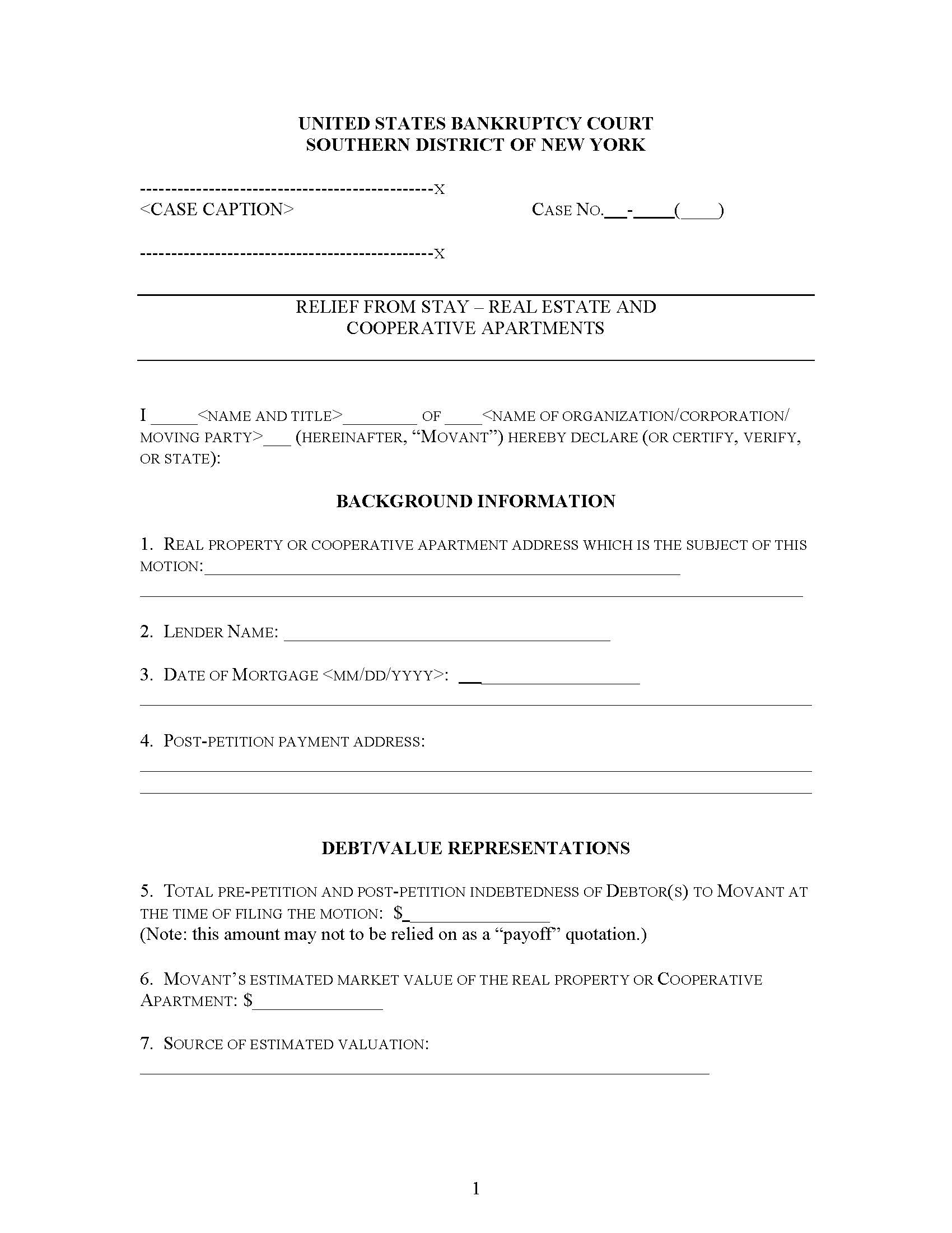 Relief From Stay - Real Estate And Cooperative Apartments (4001-1 Form) {NYSB 4001-1} | Pdf Fpdf Doc Docx | New York