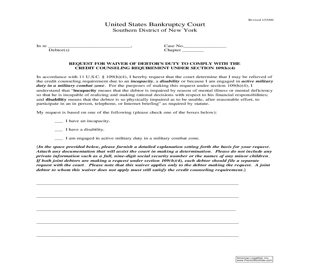 Request For Waiver Of Debtors Duty To Comply WIth Credit Counseling Requirement (And Order) | Pdf Fpdf Doc Docx | New York