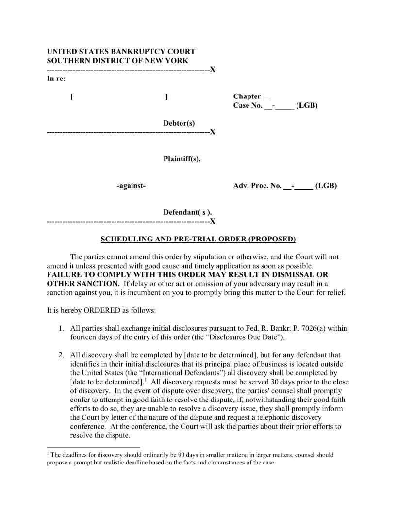 Scheduling And Pre-Trial Order (Proposed - Judge Beckerman) {NYSB SPTOLGB} | Pdf Fpdf Docx | New York