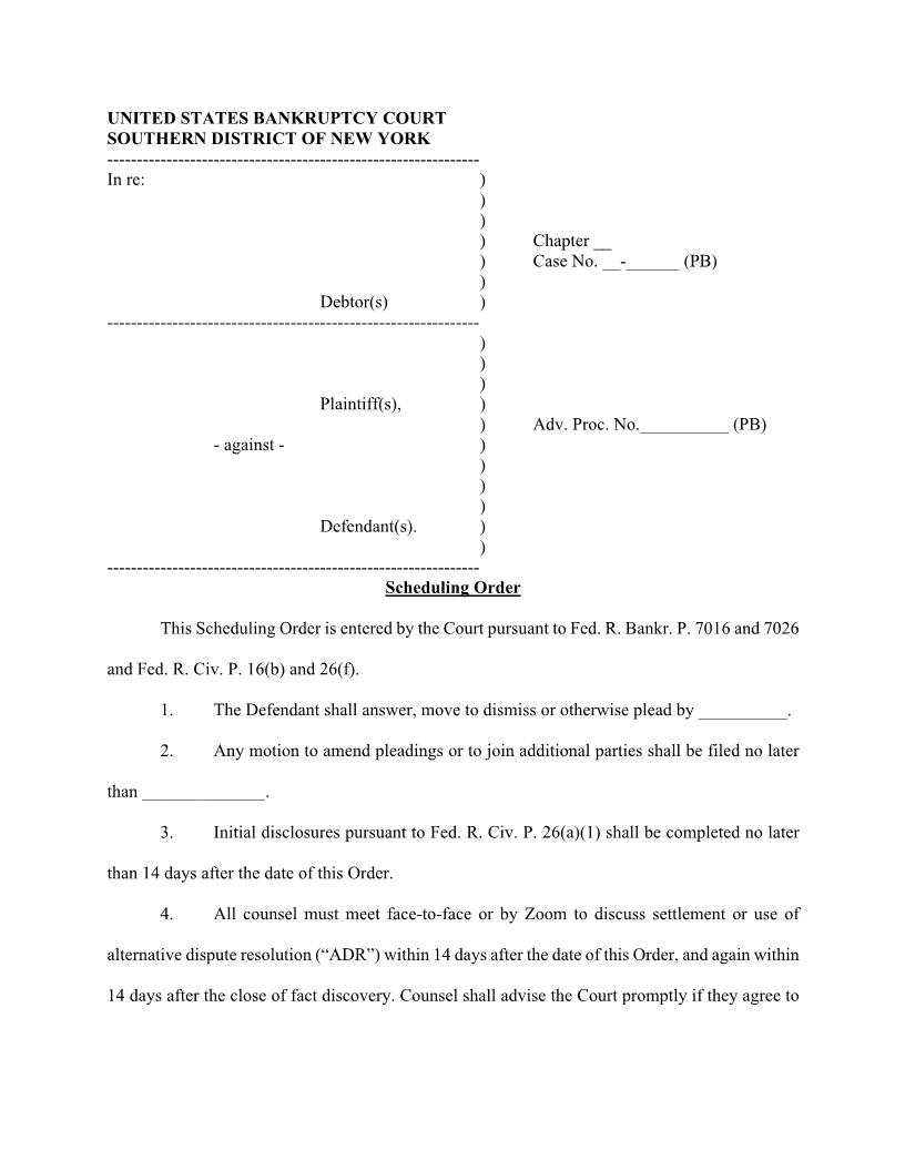 Scheduling Order (Judge Bentley) {NYSB SO-PB} | Pdf Fpdf Docx | New York