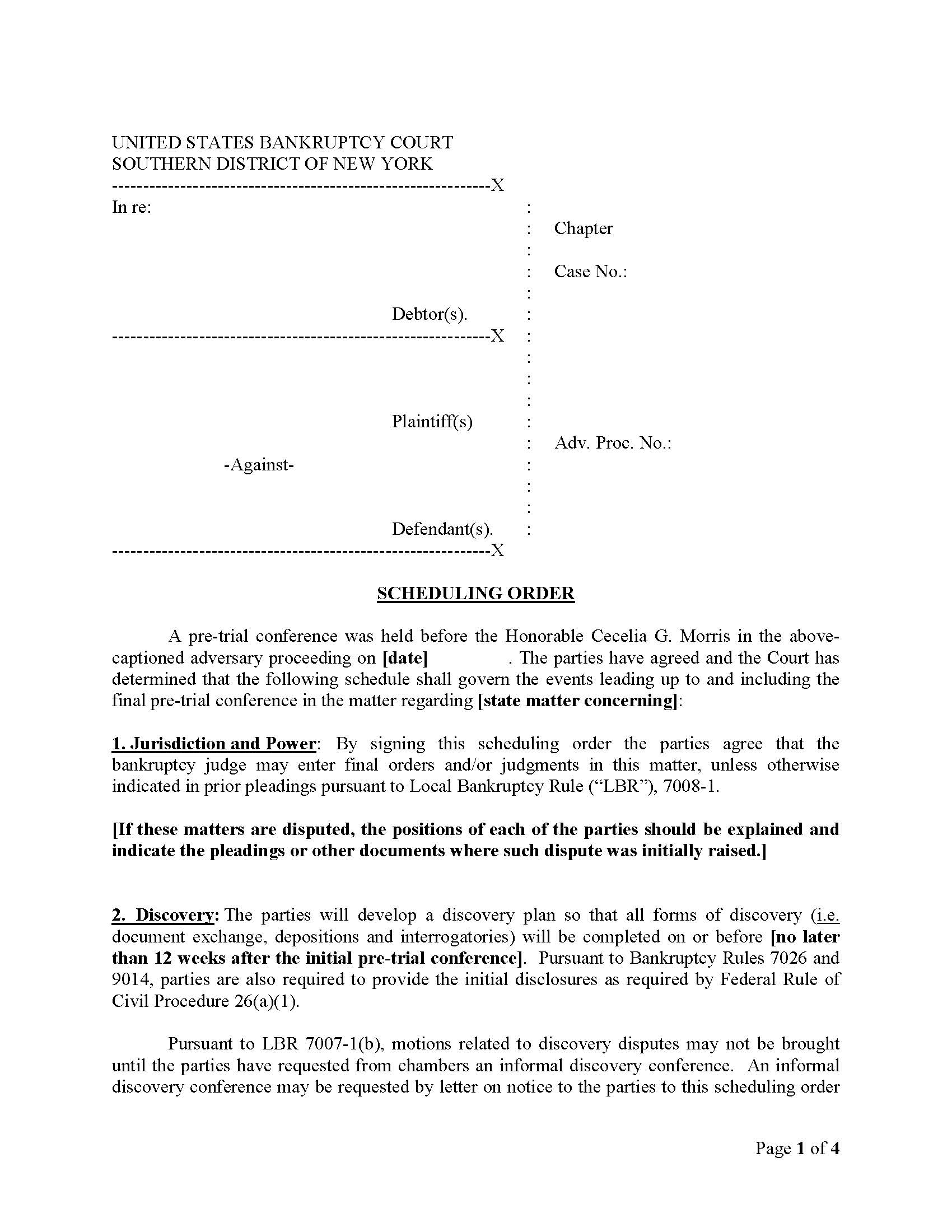 Scheduling Order (Judge Morris) {NYSB SO-CGM} | Pdf Fpdf Docx | New York