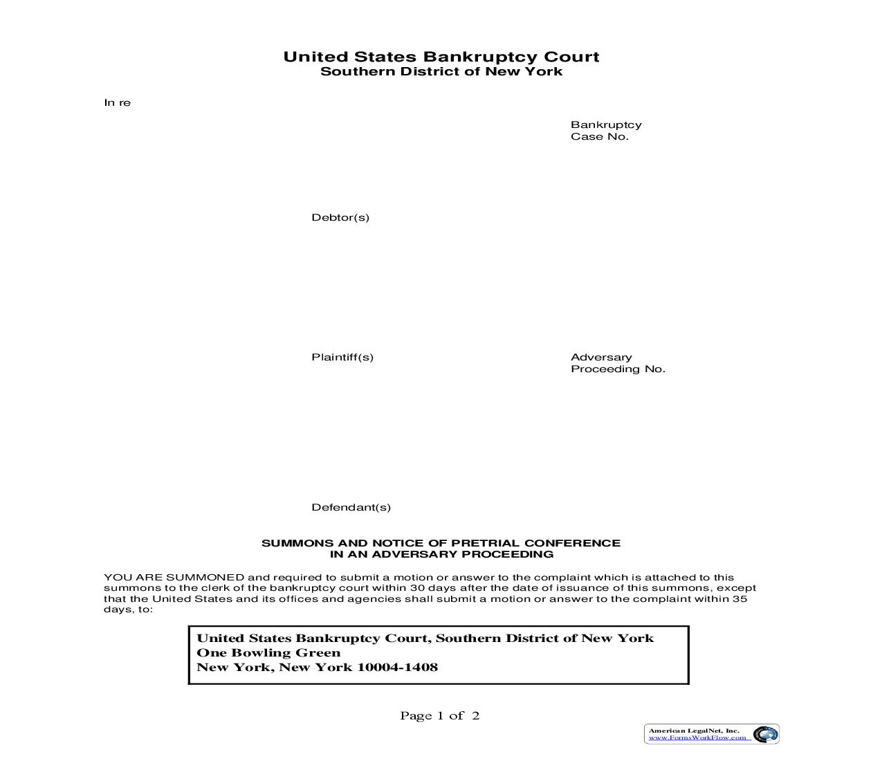 Summons And Notice Of Pretrial Conference In An Adversarial Proceeding (Manhattan) | Pdf Fpdf Doc Docx | New York
