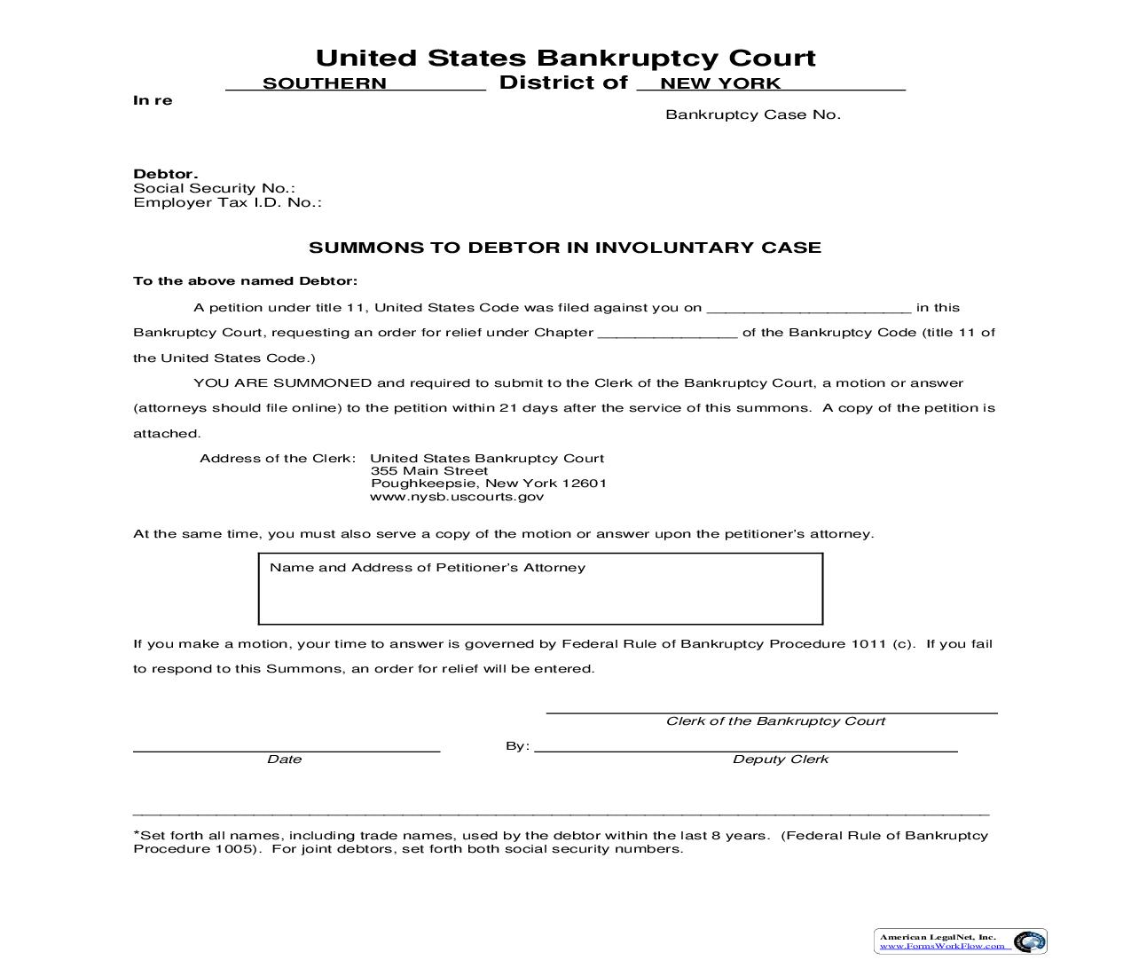 Summons To Debtor In Involuntary Case (Poughkeepsie) | Pdf Fpdf Doc Docx | New York