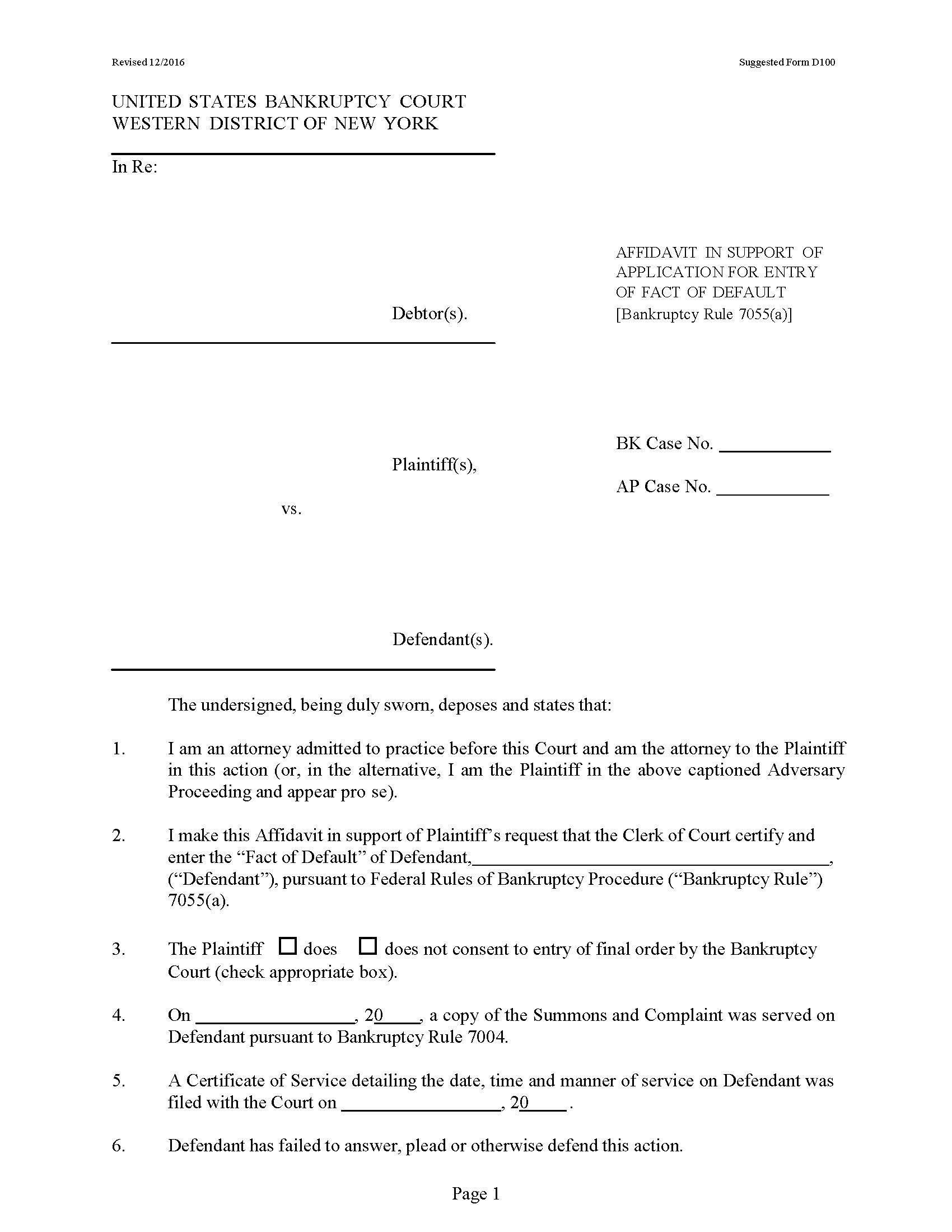 Affidavit In Support Application Entry Of Default (Judge Bucki Only Debtor Not Deft) {D100} | Pdf Fpdf Docx | New York