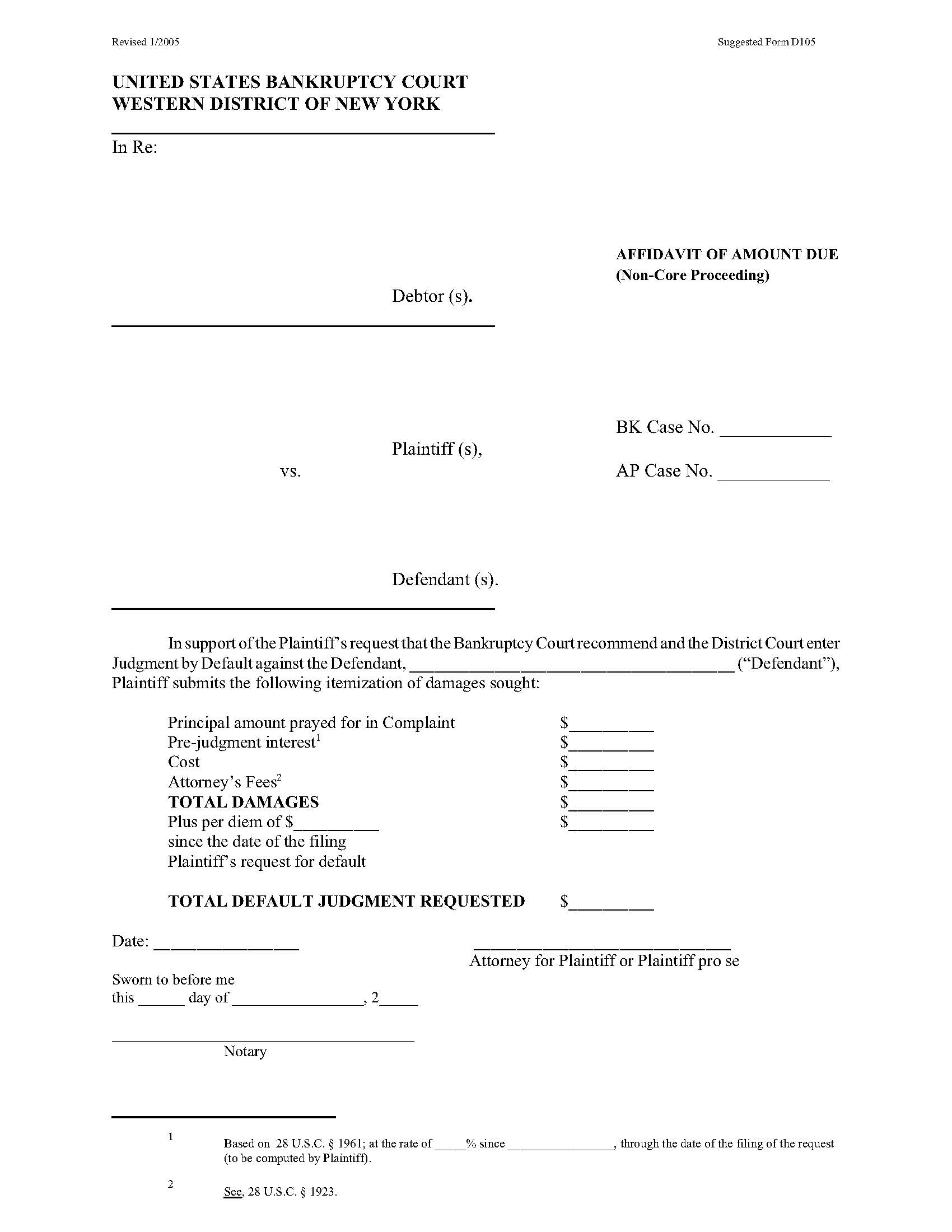Affidavit Of Amount Due (Non-Core Proceeding - Buffalo Only) {D105} | Pdf Fpdf Docx | New York