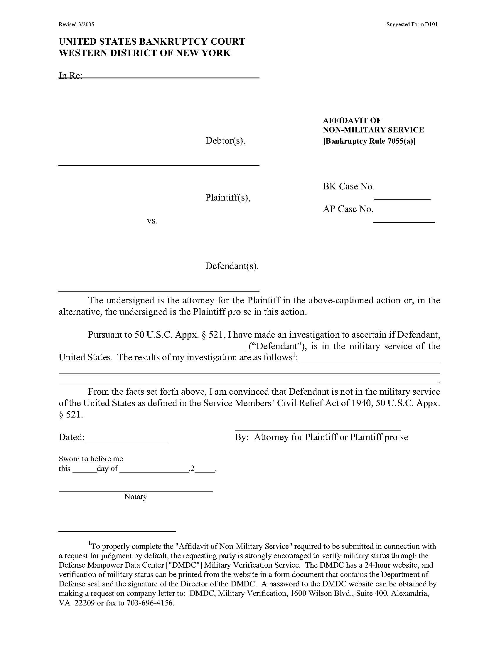 Affidavit Of Non-Military Service (Buffalo Only) {D100} | Pdf Fpdf Docx | New York