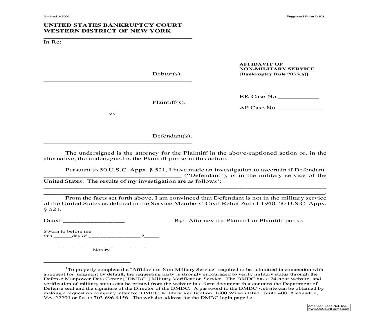 Affidavit Of Non-Military Service (Default Judgment) {D-101} | Pdf Fpdf Doc Docx | New York