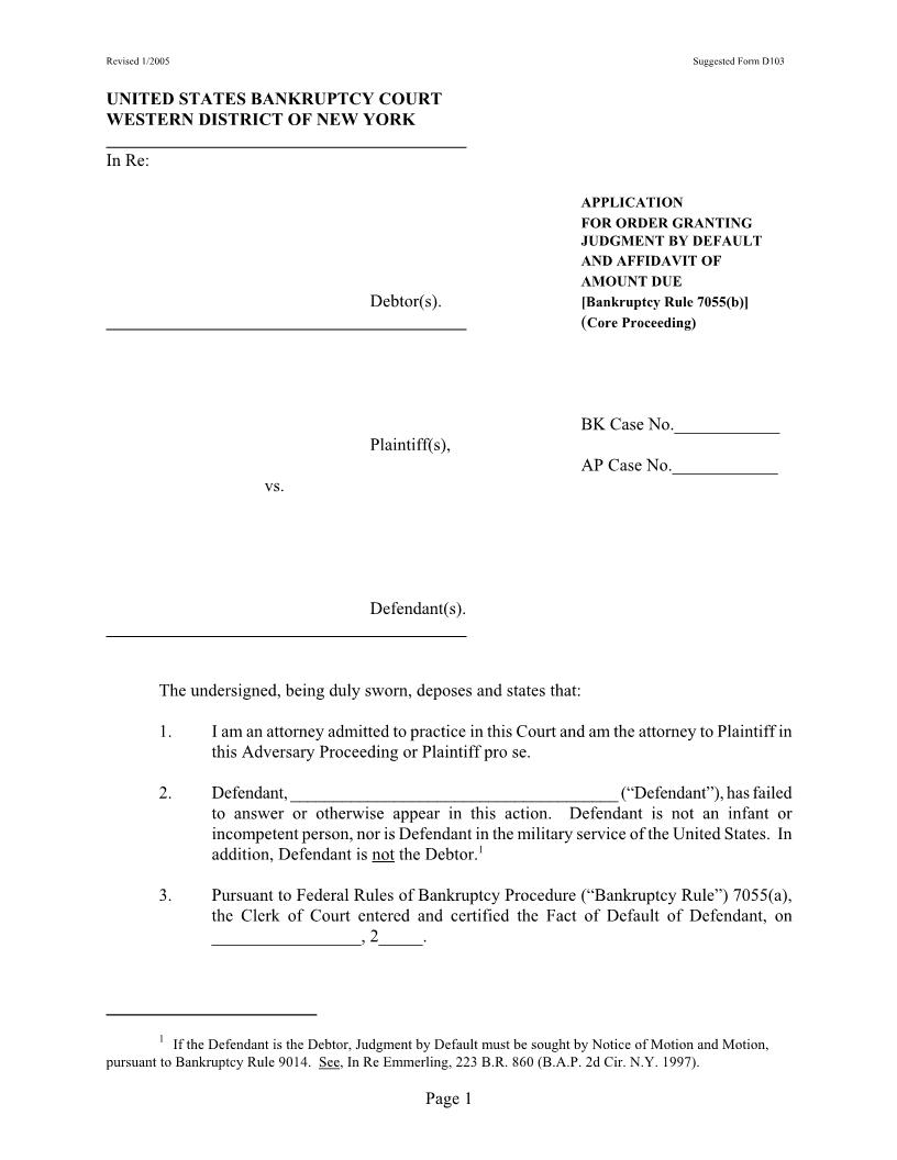 Application For Order Granting Judgment By Default - Affidavit Amount Due (Core - Buffalo Only) {D103} | Pdf Fpdf Docx | New York