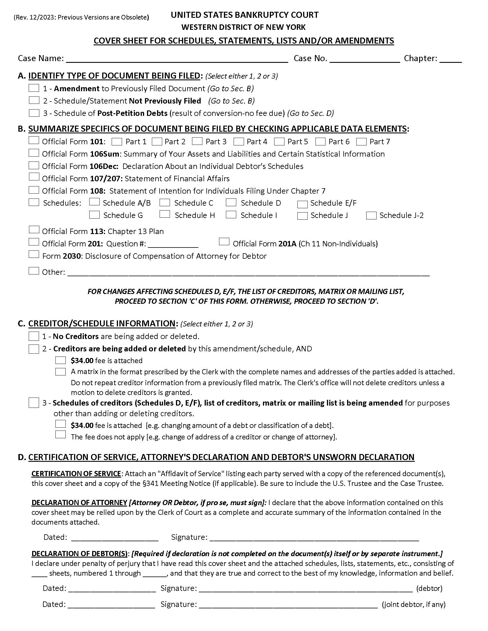 Cover Sheet For Schedules Statements Lists And-Or Amendments {NYWB CS_SSLA} | Pdf Fpdf Doc Docx | New York