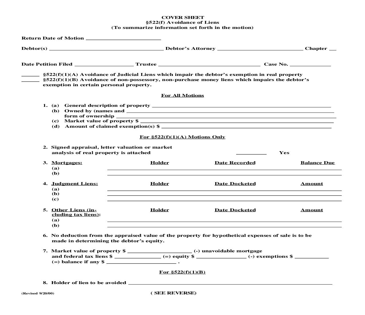 Cover Sheet Section 522(f) Avoidance Of Liens | Pdf Fpdf Doc Docx | New York