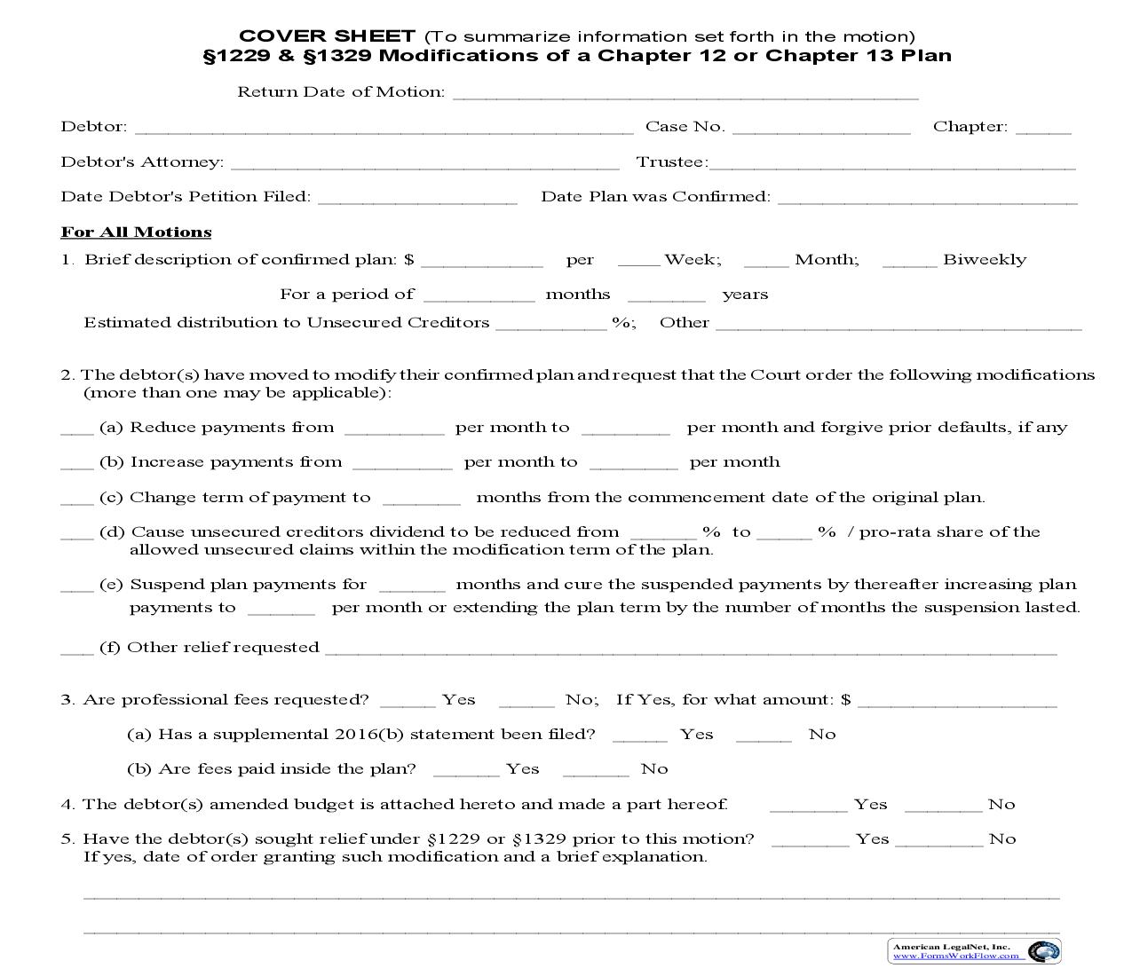 Cover Sheet Sections 1229 And 1329 Modifications Of Ch 12 Or Ch 13 Plan | Pdf Fpdf Doc Docx | New York