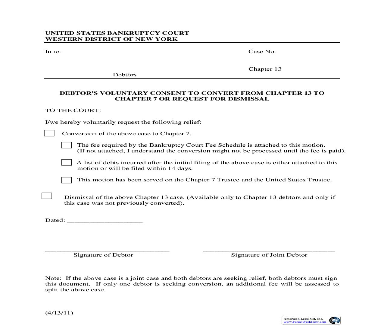 Debtors Voluntary Consent To Convert From Chapter 13 To Chapter 7 Or Request For Dismissal | Pdf Fpdf Doc Docx | New York