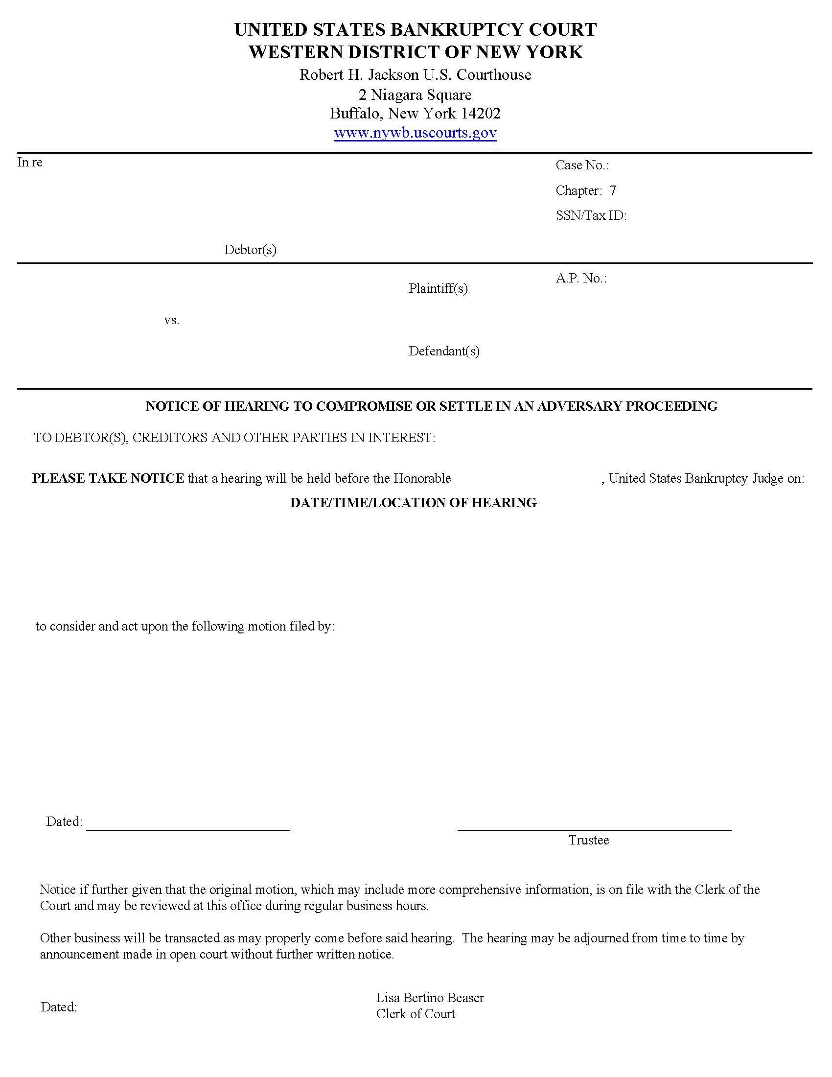 Notice Of Hearing To Compromise Or Settle Adversary Proceeding (Buffalo) | Pdf Fpdf Docx | New York