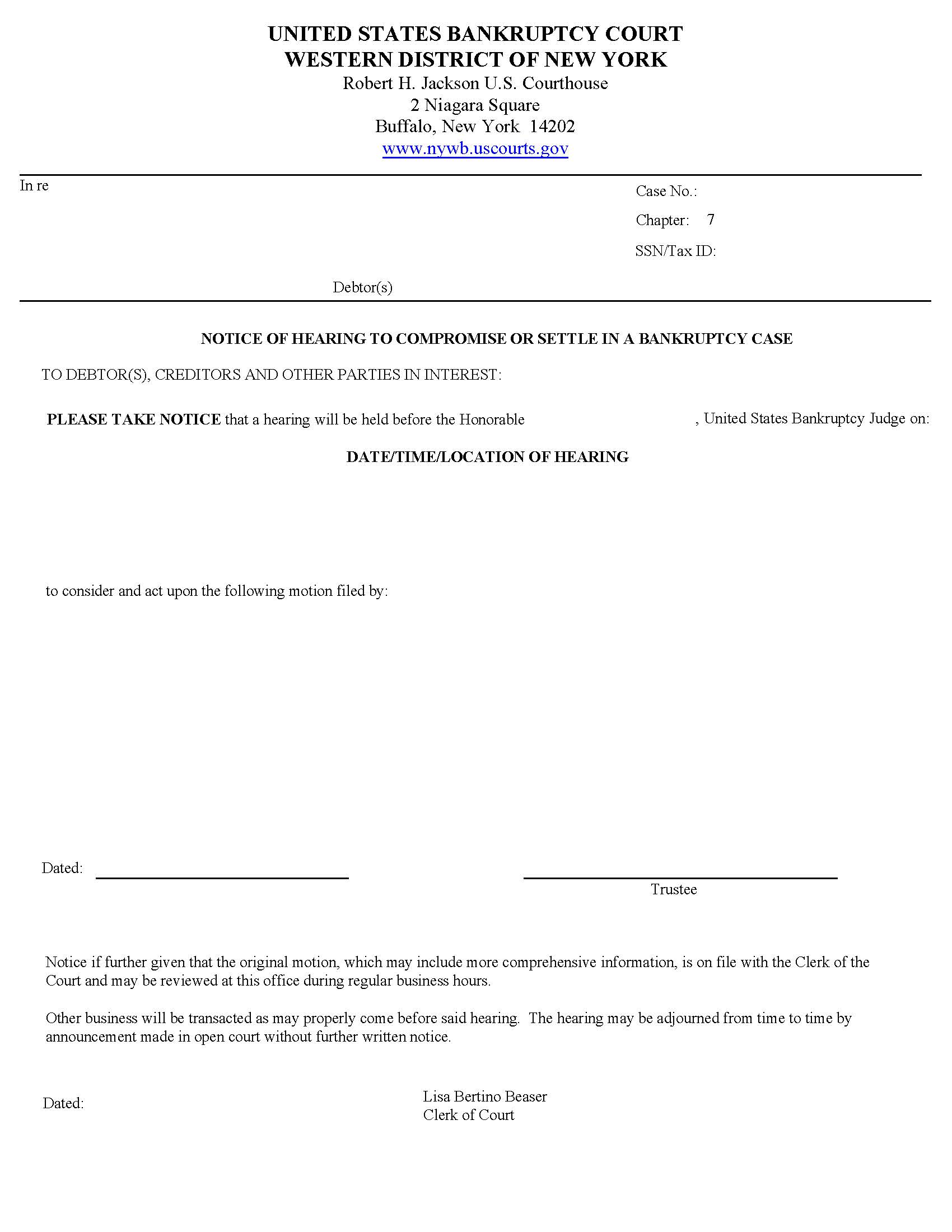 Notice Of Hearing To Compromise Or Settle Bankruptcy Case (Buffalo) | Pdf Fpdf Docx | New York