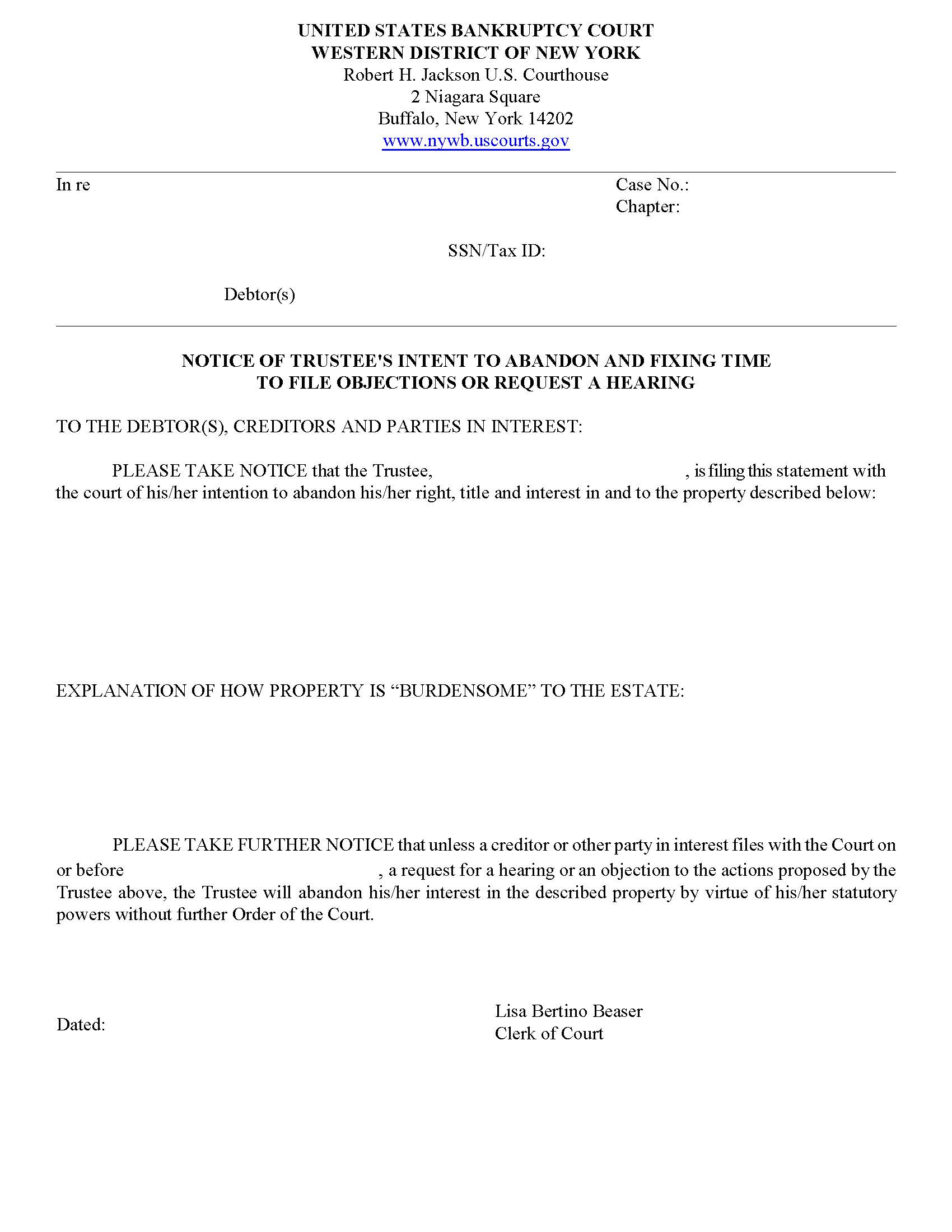 Notice Of Trustees Intent To Abandon Time To File Objections | Pdf Fpdf Doc Docx | New York