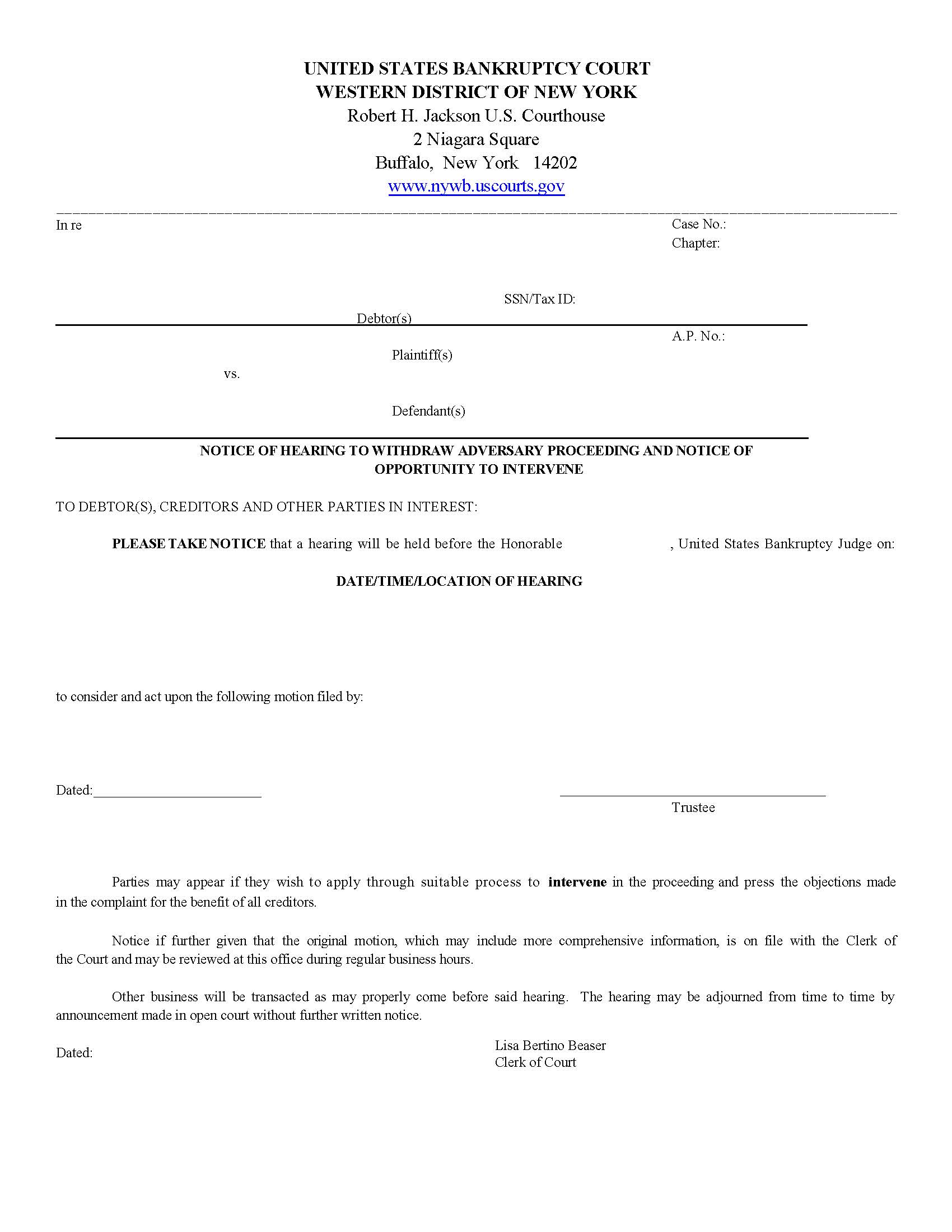 Notice of Hearing To Withdraw Adversary Proceeding And Opportunity To Intervene (Buffalo) | Pdf Fpdf Doc Docx | New York